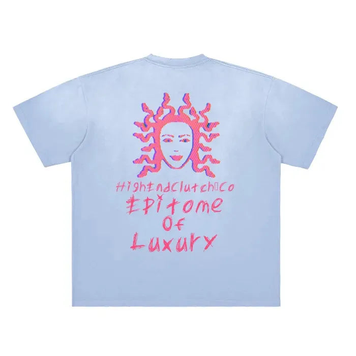 Premium Vintage Washed Medusa Print T-Shirt - Blue, Gray & Purple Gradient Faded Design with Distressed Frayed Hem (250 GSM) | Stylish Streetwear for Men & Women | Perfect for Concerts, Festivals and Casual Outings