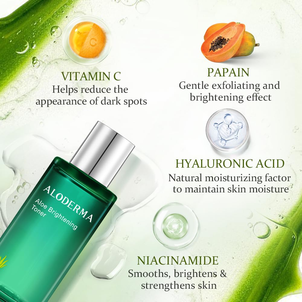 Aloderma Brightening Face Toner with 88% Organic Aloe Vera - Hydrating Facial Toner with Hyaluronic Acid & Niacinamide for Glowing Skin | Skin Refining & Moisturizing Treatment | Perfect for Daily Skincare Routine & Post-Sun Care | 4.2 Oz
