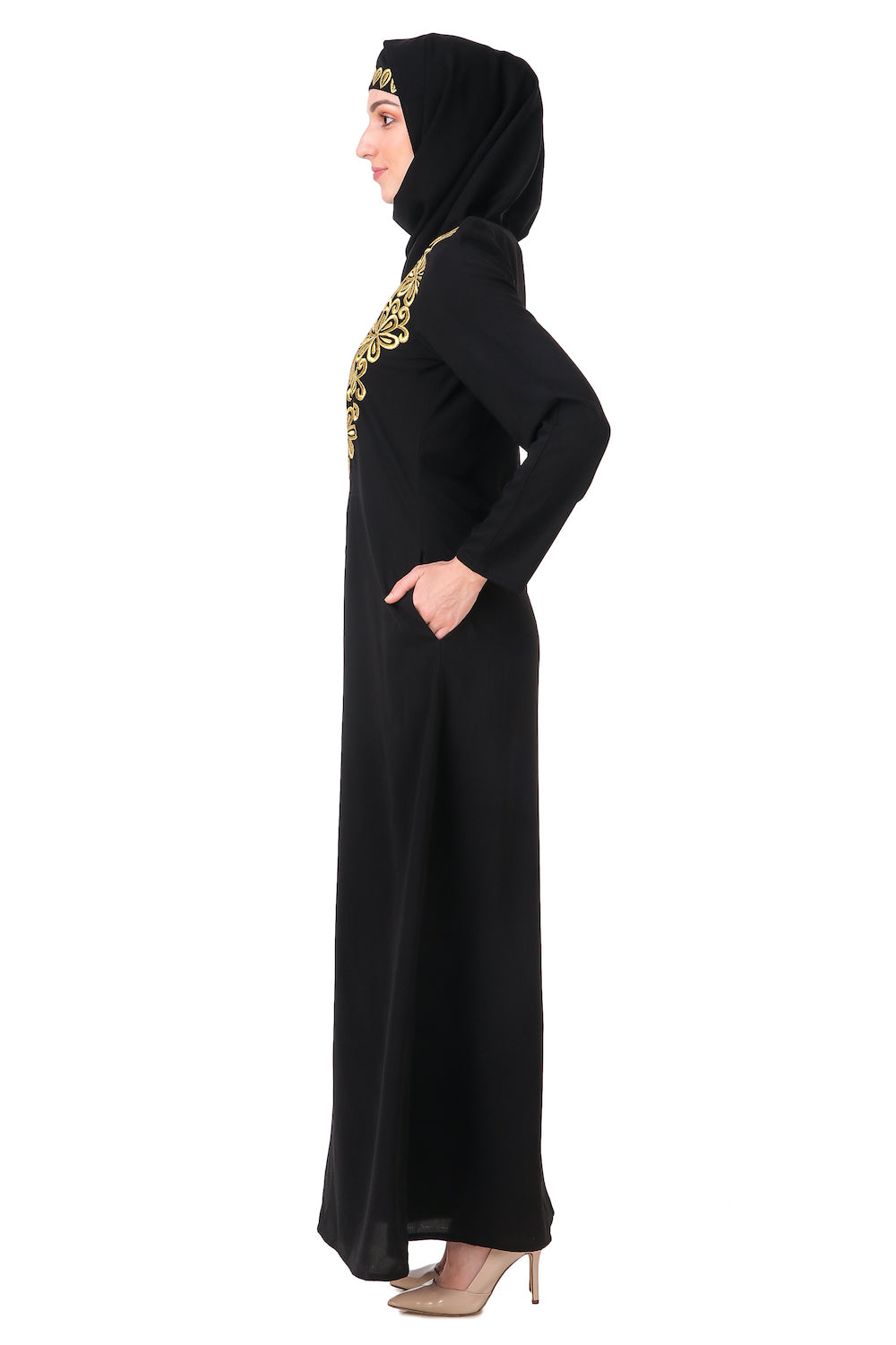 AY 809 Gold Hand Embroidered Fancy Abaya Dress - Elegant Muslim Women's Islamic Clothing for Weddings & Special Occasions