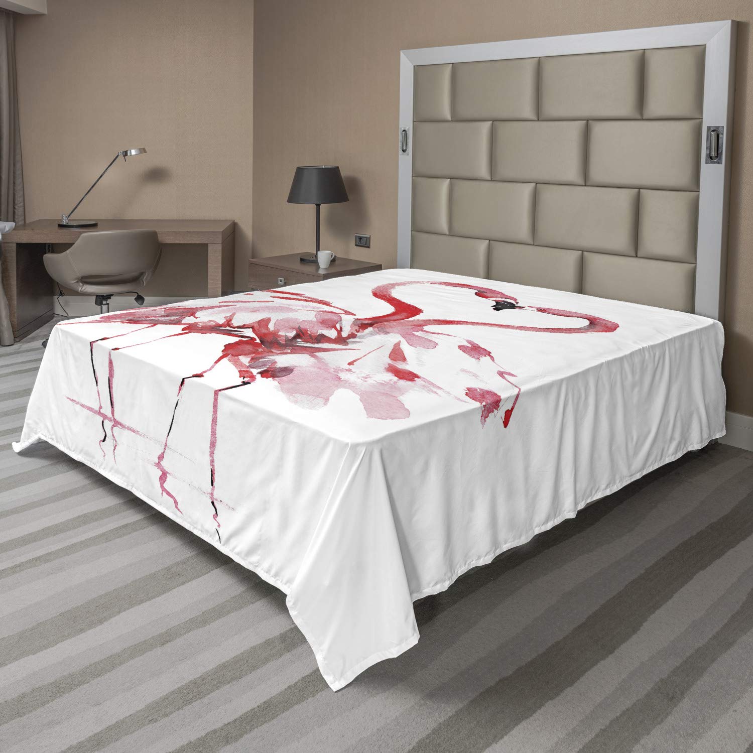 Ambesonne Flamingo Queen Size Flat Sheet - Romantic Watercolor Flamingo Couple Kissing Design, Soft & Comfortable Decorative Top Bedding - Dark Coral & White - Perfect for Master Bedroom, Guest Room, or Vacation Home Decor