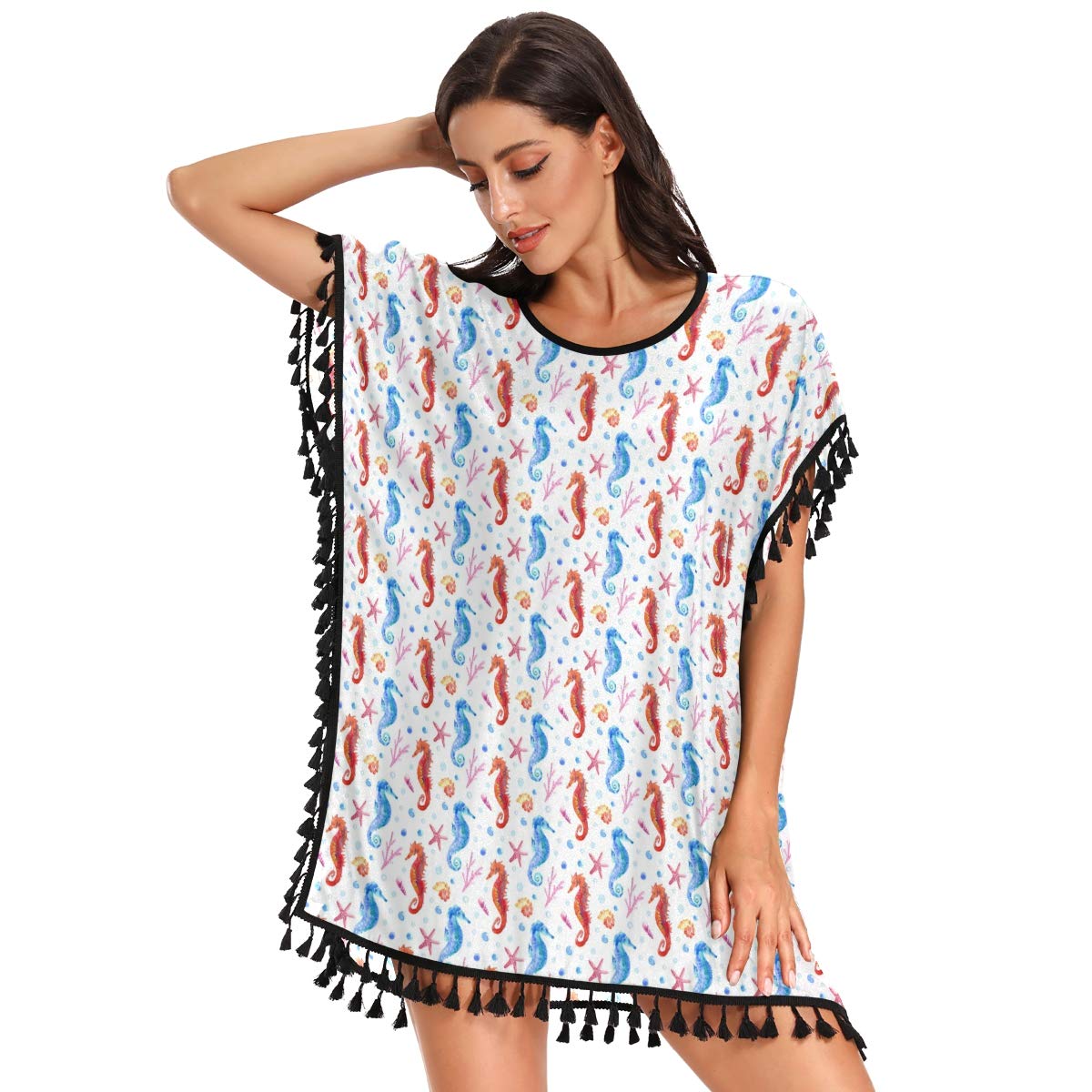 UWSG Women's Chiffon Tassel Swimsuit Cover Up Dress - Beach Casual T-Shirt Dress with Flowy Tassel Details - Perfect for Poolside, Vacation & Summer Outings