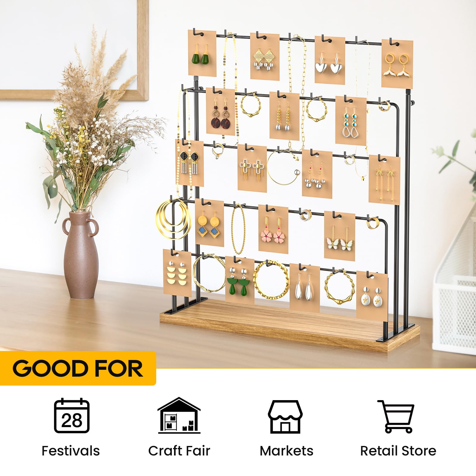 ORLESS Jewelry Display Stand for Vendors - 35 Hooks Earring Holder, Necklace & Bracelet Display Stand with Cards - Perfect for Boutiques, Craft Fairs & Retail Stores