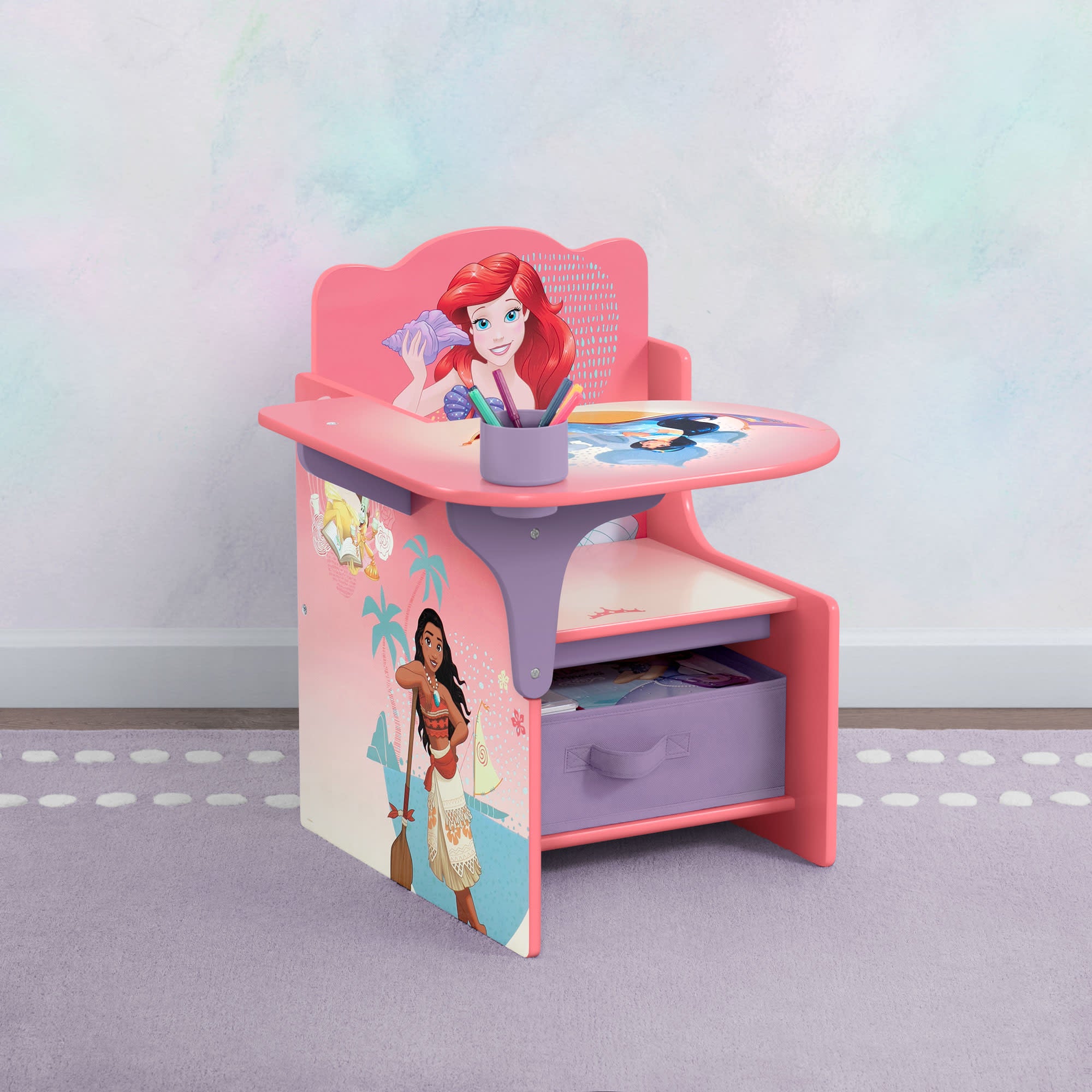Princess Chair Desk with Storage Bin - Kids Study Table & Organizer for Bedroom, Playroom & Homeschooling - Perfect for Reading, Drawing & Homework