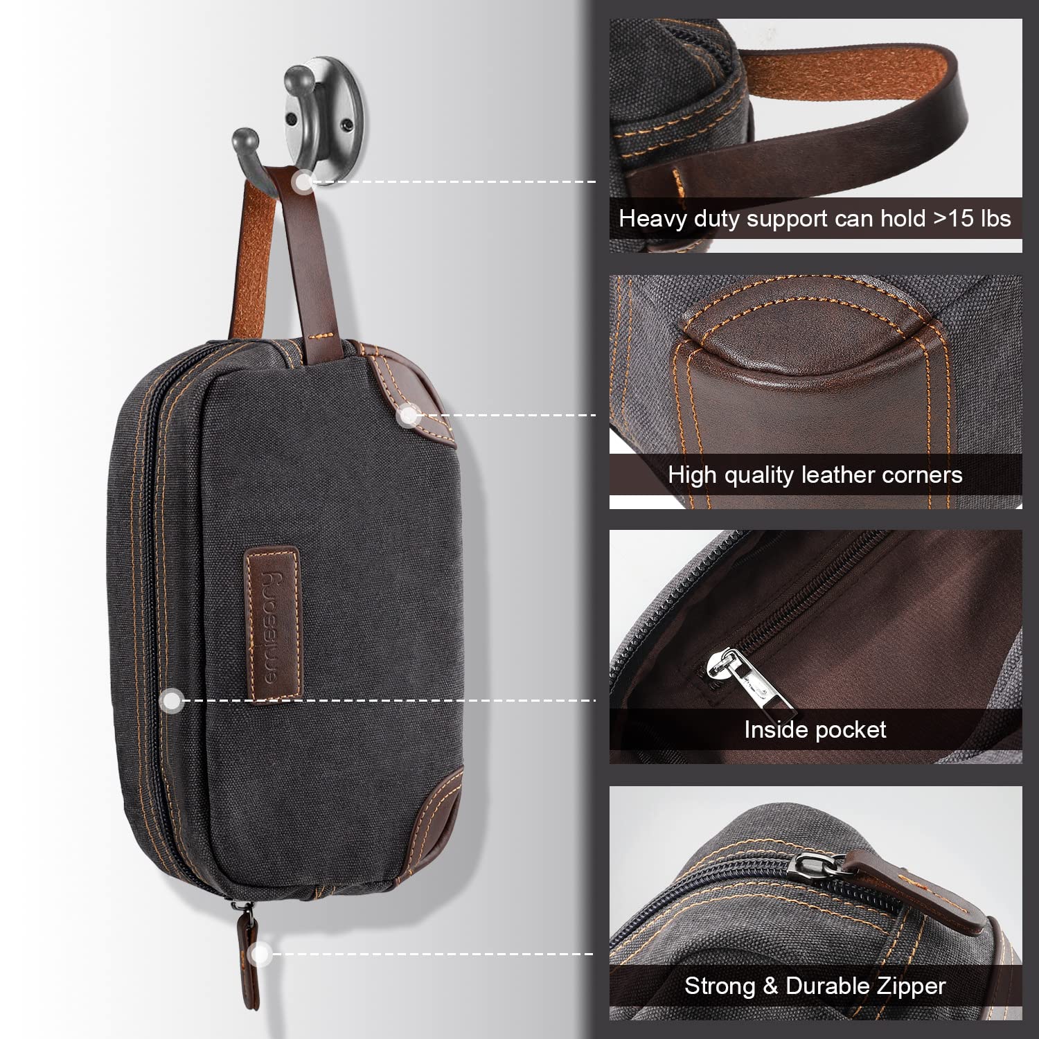 Premium Men's Leather & Canvas Travel Toiletry Bag - Waterproof Dopp Kit for Shaving & Grooming Essentials | Compact Bathroom Organizer for Business Trips, Camping & Vacation | Ideal Gift for Men