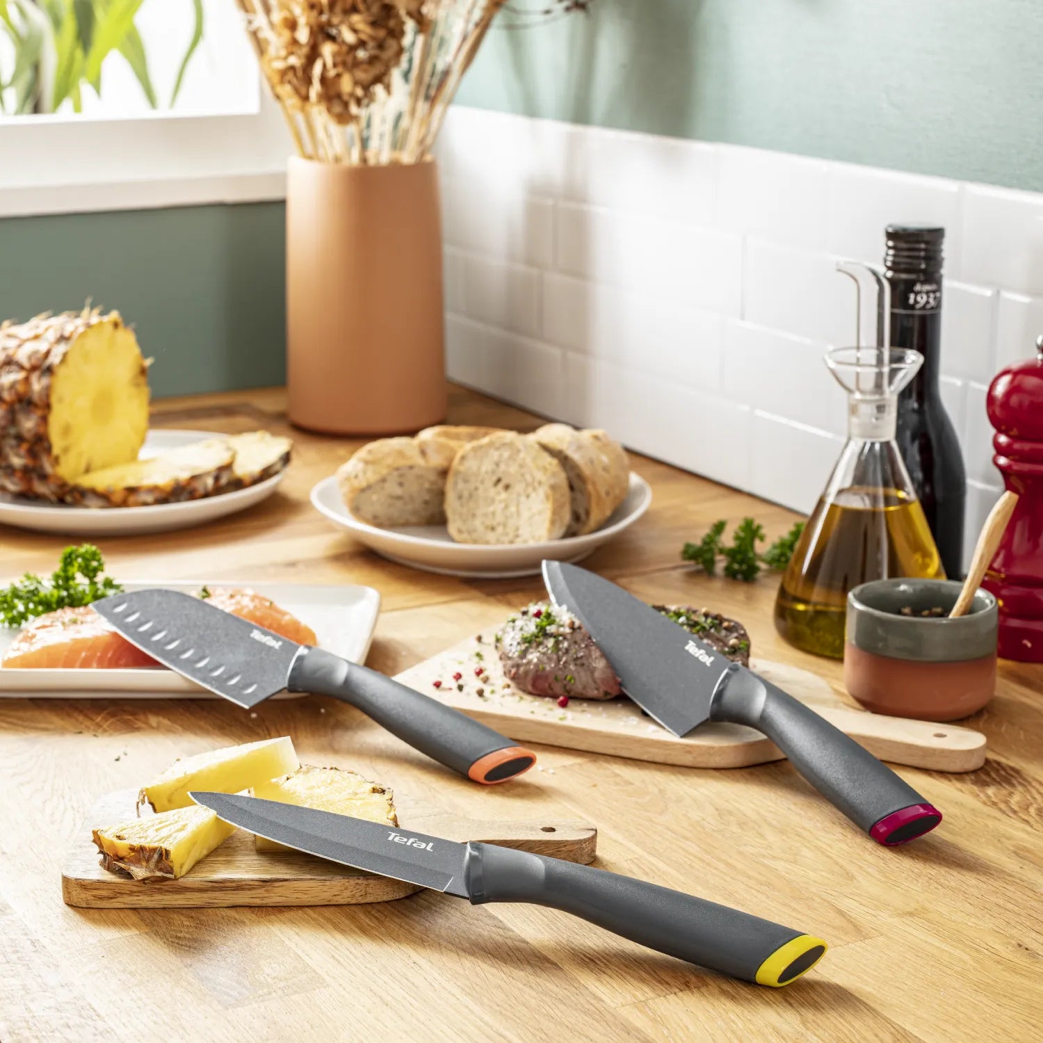Tefal Fresh Kitchen 3-Piece Non-Stick Stainless Steel Knife Set - K122S324 - Perfect for Slicing, Dicing, and Chopping Fruits, Vegetables, and Meats