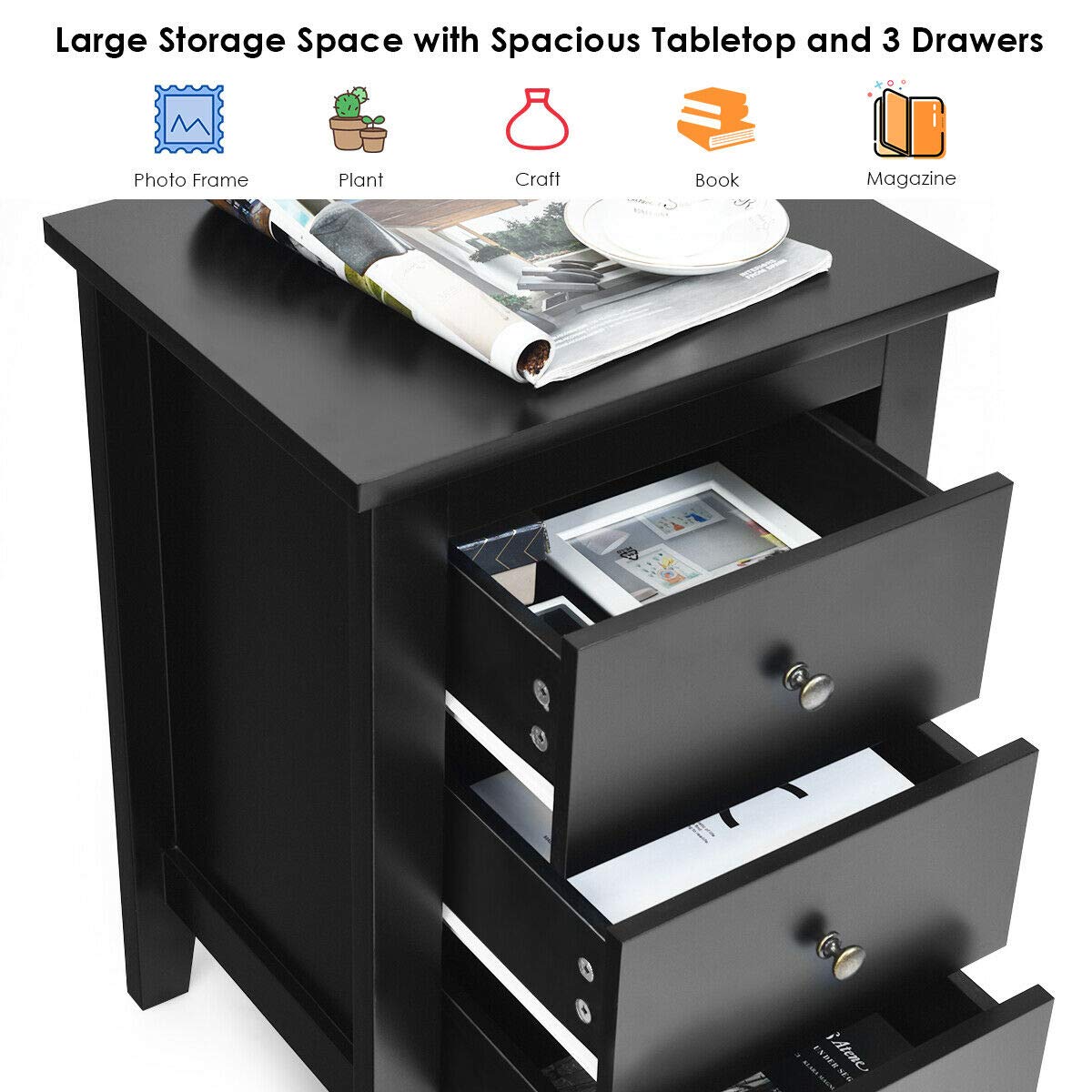 Modern Multi-Function End Table with 3 Drawers - Nightstand, Desk Cabinet & Storage Organizer | Durable Study Table for Living Room, Bedroom & Office | Space-Saving Black Side Table for Small Apartments & Workspaces