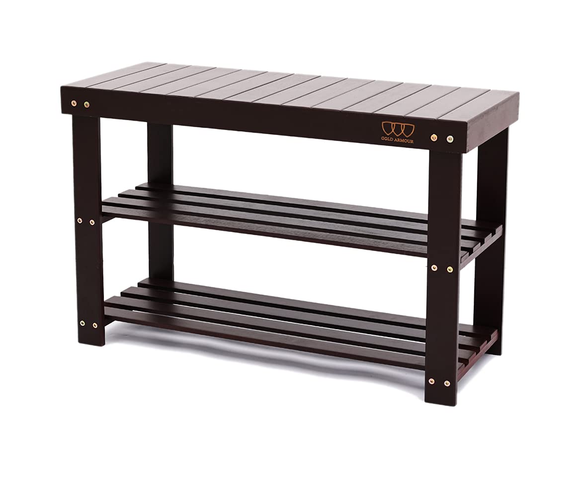 Premium 3-Tier Bamboo Shoe Rack Bench with Storage - Gold Armour Entryway Organizer for Hallway, Living Room & Closet - Sturdy Shoe Shelf & Seating Bench in Brownie Brown - Perfect for Small Spaces & Home Organization