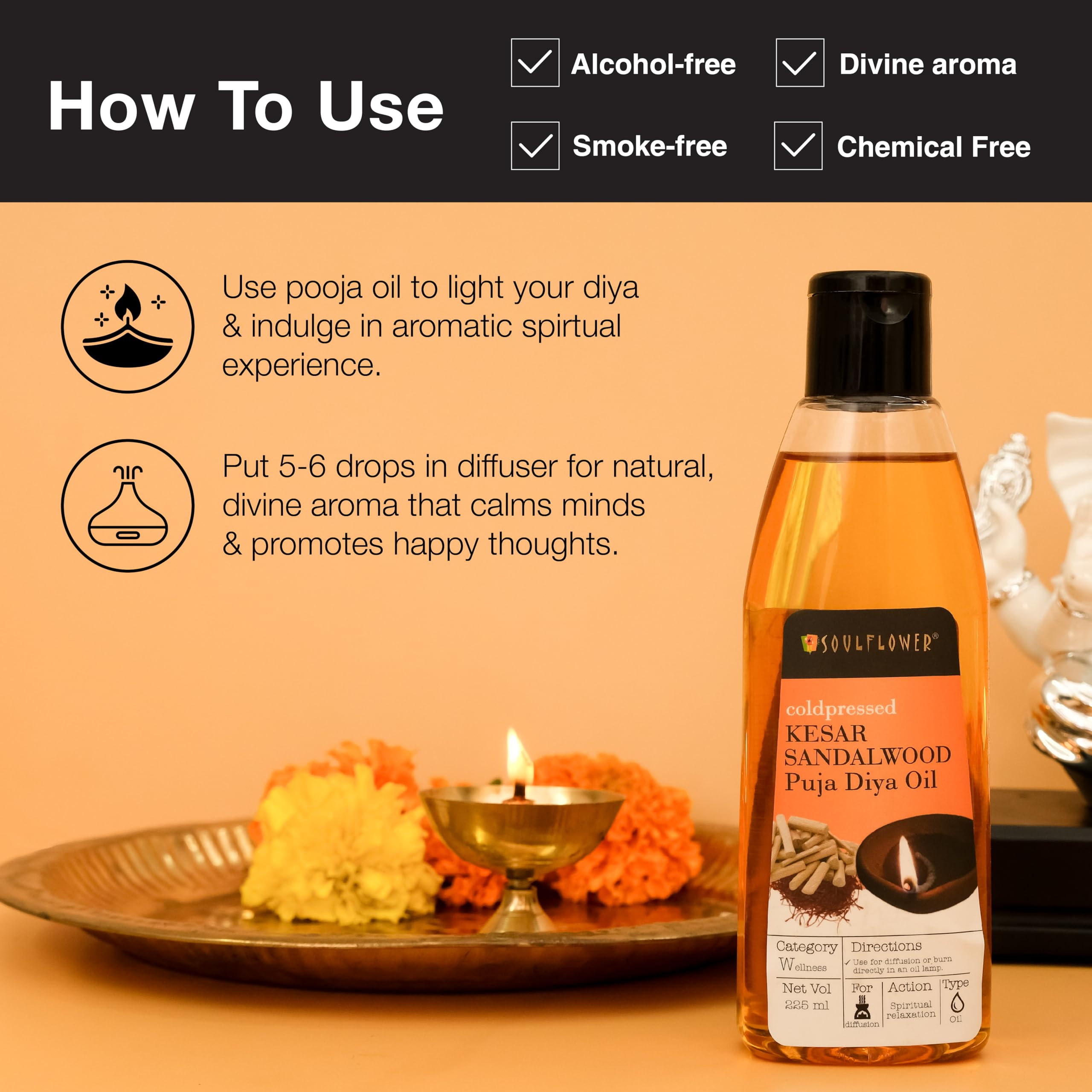 Soulflower Kesar Sandalwood Puja Oil - 100% Pure & Natural Ayurvedic Massage Oil for Meditation, Yoga & Spiritual Rituals | Relaxing Aromatherapy for Stress Relief & Skin Care