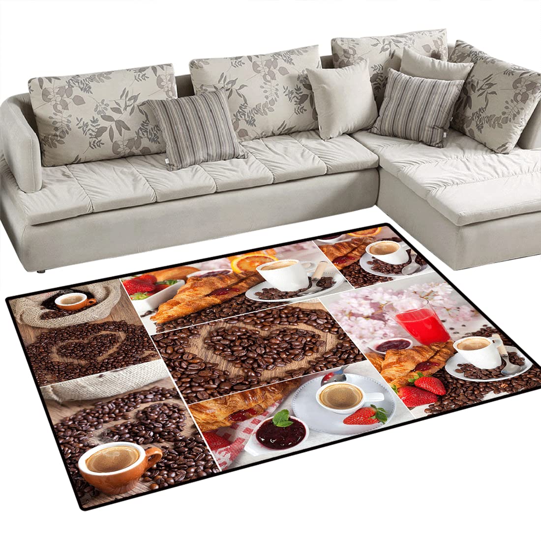 Soft Multicolor 6' x 9' Area Rugs for Kitchen, Bedroom, Living Room & Office - Breakfast Theme Coffee Beans & Strawberries Design - Perfect for Home Decor, Dining Areas & Cozy Spaces