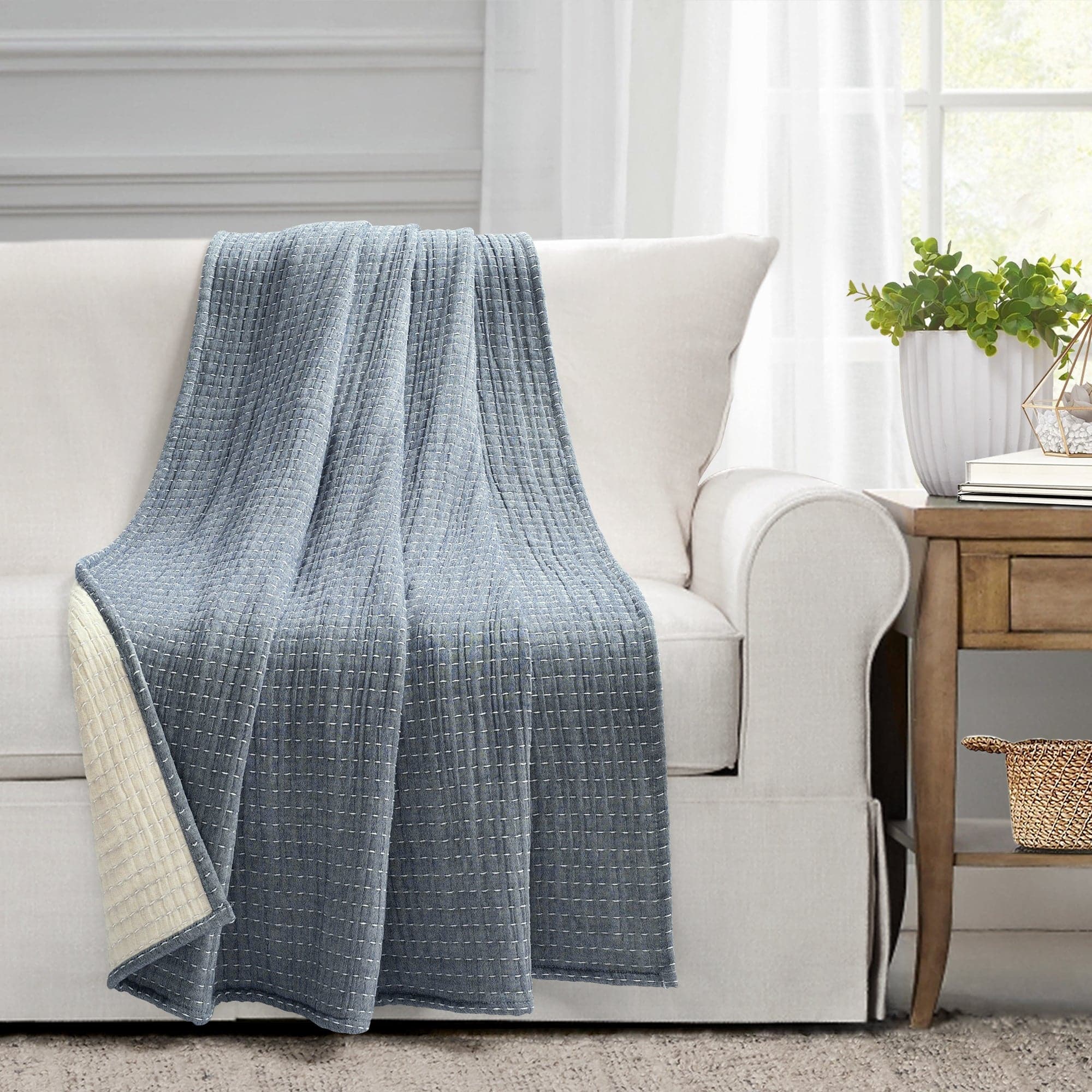 Handmade Solid Kantha Pick Stitch Yarn-Dyed Cotton Woven Throw Blanket - Cozy Sofa Cover, Bedspread & Home Decor for Living Room, Bedroom