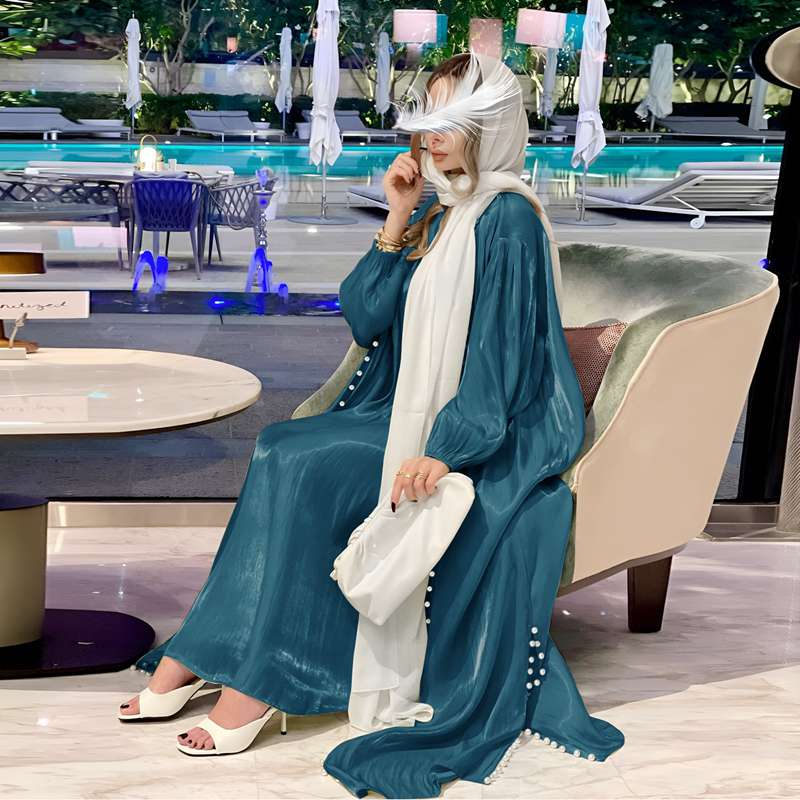 2 Piece Set Satin Beads Muslim Women's Open Abaya Dress with Inner Sleeveless Dress - Elegant Prayer Dress for Eid, Wedding & Special Occasions