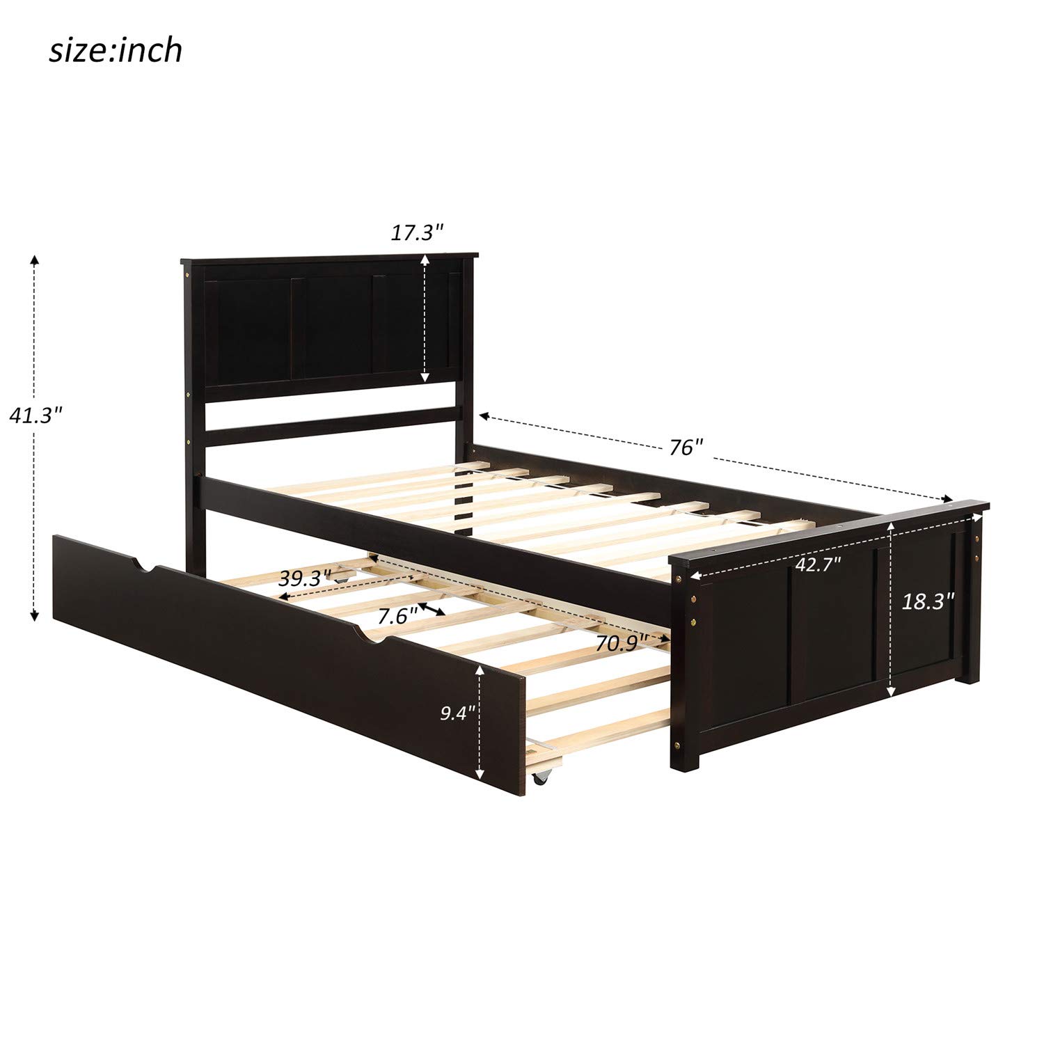Twin Platform Bed Frame with Trundle - Solid Wood Bed with Headboard & Footboard, No Box Spring Required, Espresso Finish - Perfect for Kids Rooms, Guest Bedrooms & Small Spaces