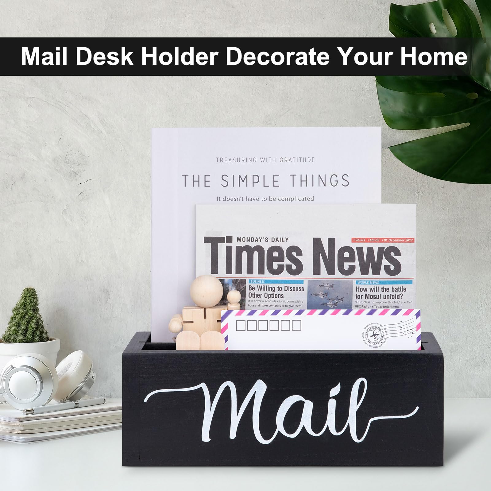 Wooden Desk Mail Organizer - 2 Slot Black Countertop Mail Storage Box & Envelope Holder for Home Office | Perfect for Bills, Letters and Office Organization