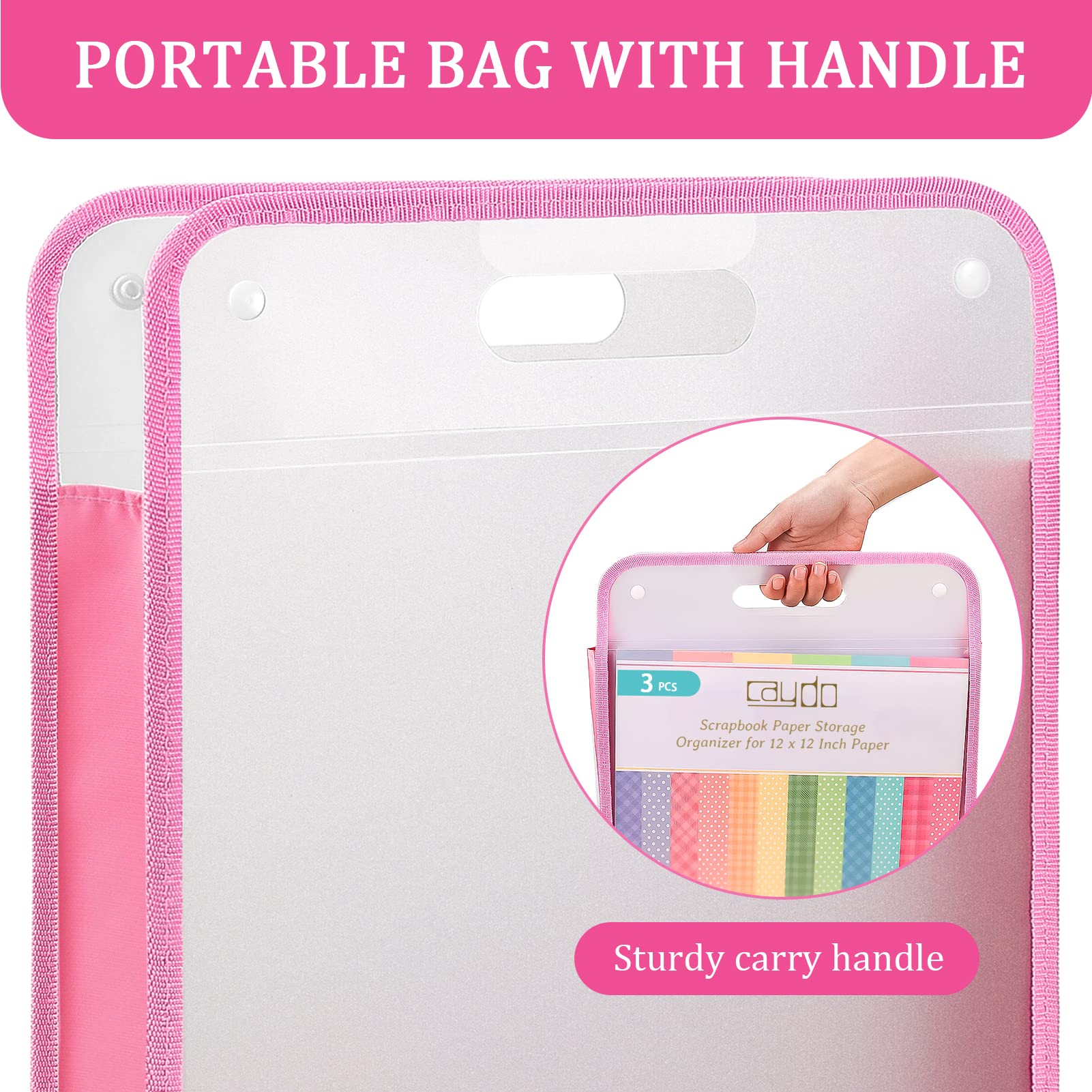 Caydo 12x12 Scrapbook Paper Organizer - Pink Expanding Storage Folio with Handle for Scrapbooking, Vinyl Paper & Cardstock - Portable Craft Supplies for Home, Office & DIY Projects