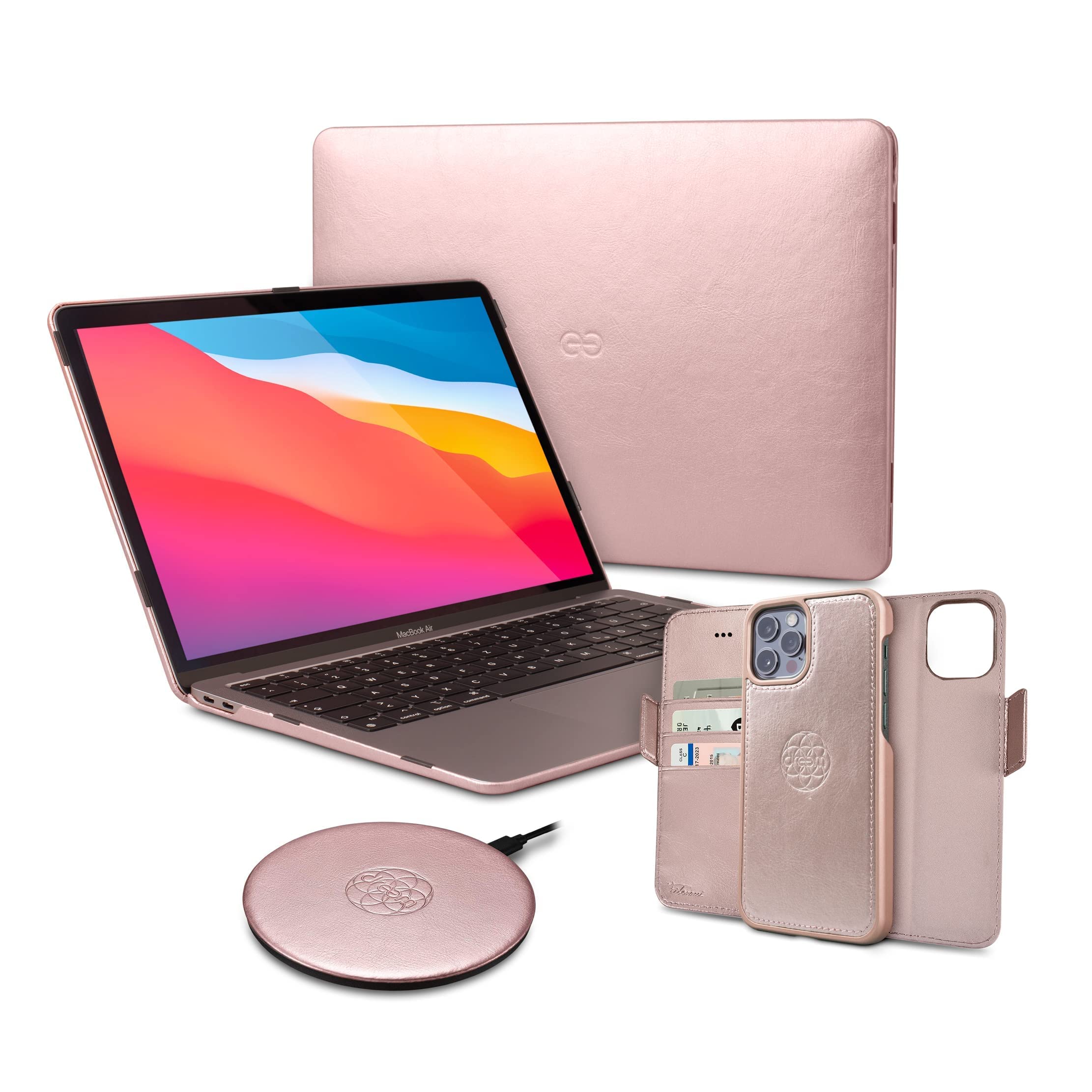 Fibonacci Wallet-Case for iPhone 12 Pro Max & Euclid MacBook Air 13-Inch Hard Cover with Beam Wireless Charger - Rose Gold Luxury Phone & Laptop Accessories Set | Perfect for Work, Travel and Daily Use