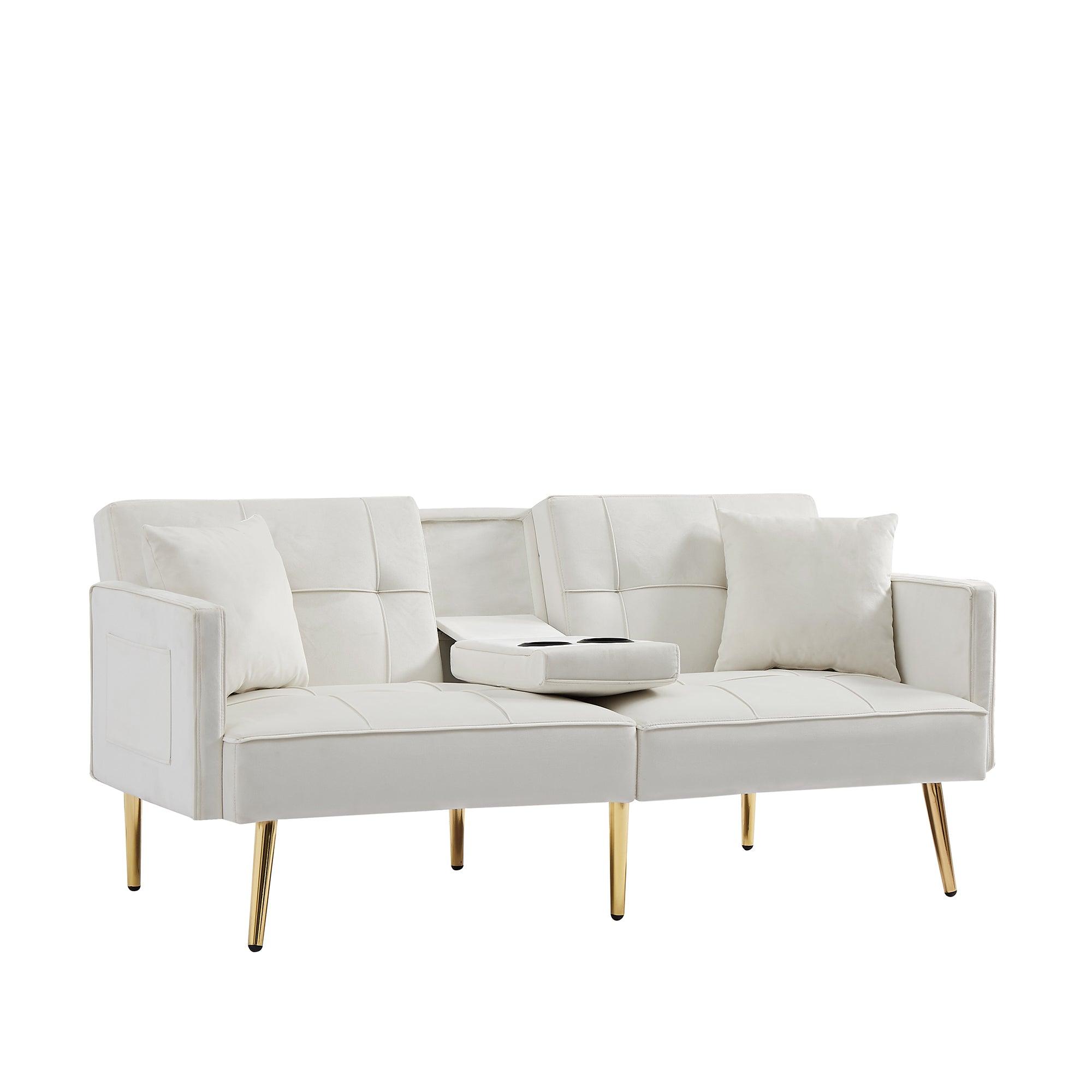 Cream White Velvet Futon Sofa Bed with Gold Metal Legs - Convertible Sleeper for Small Spaces, Living Room & Guest Room | Modern Comfort & Style