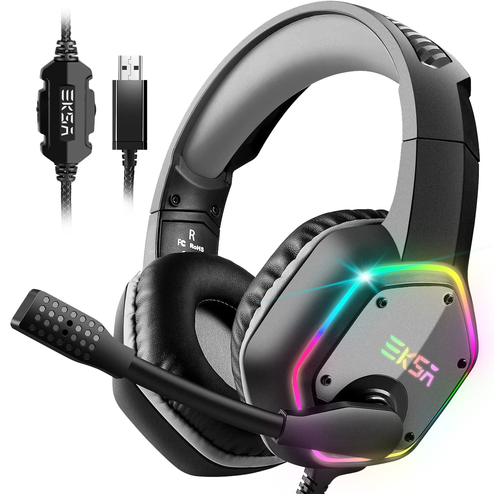 EKSA E1000 USB Gaming Headset with Microphone - Noise Cancelling 7.1 Surround Sound Wired Headphones for PC, PS4, PS5, Laptop - RGB Lighting & Comfortable Ear Cushions (Gray) - Perfect for Gaming, Streaming & Online Meetings