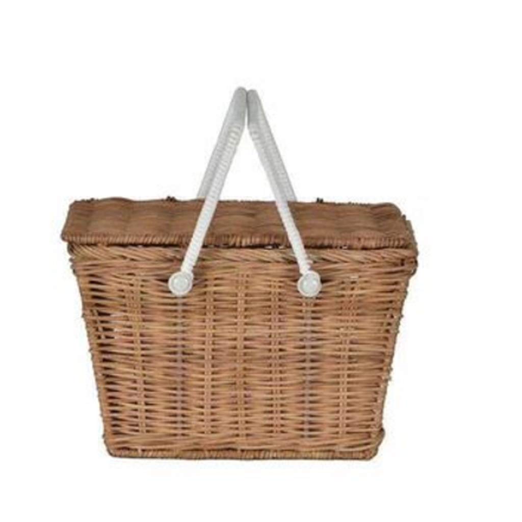RENSLAT Rattan Woven Picnic Basket with Lid - Portable Vintage Storage Basket for Outdoor Picnics, Beach Trips, Grocery Shopping & Home Organization