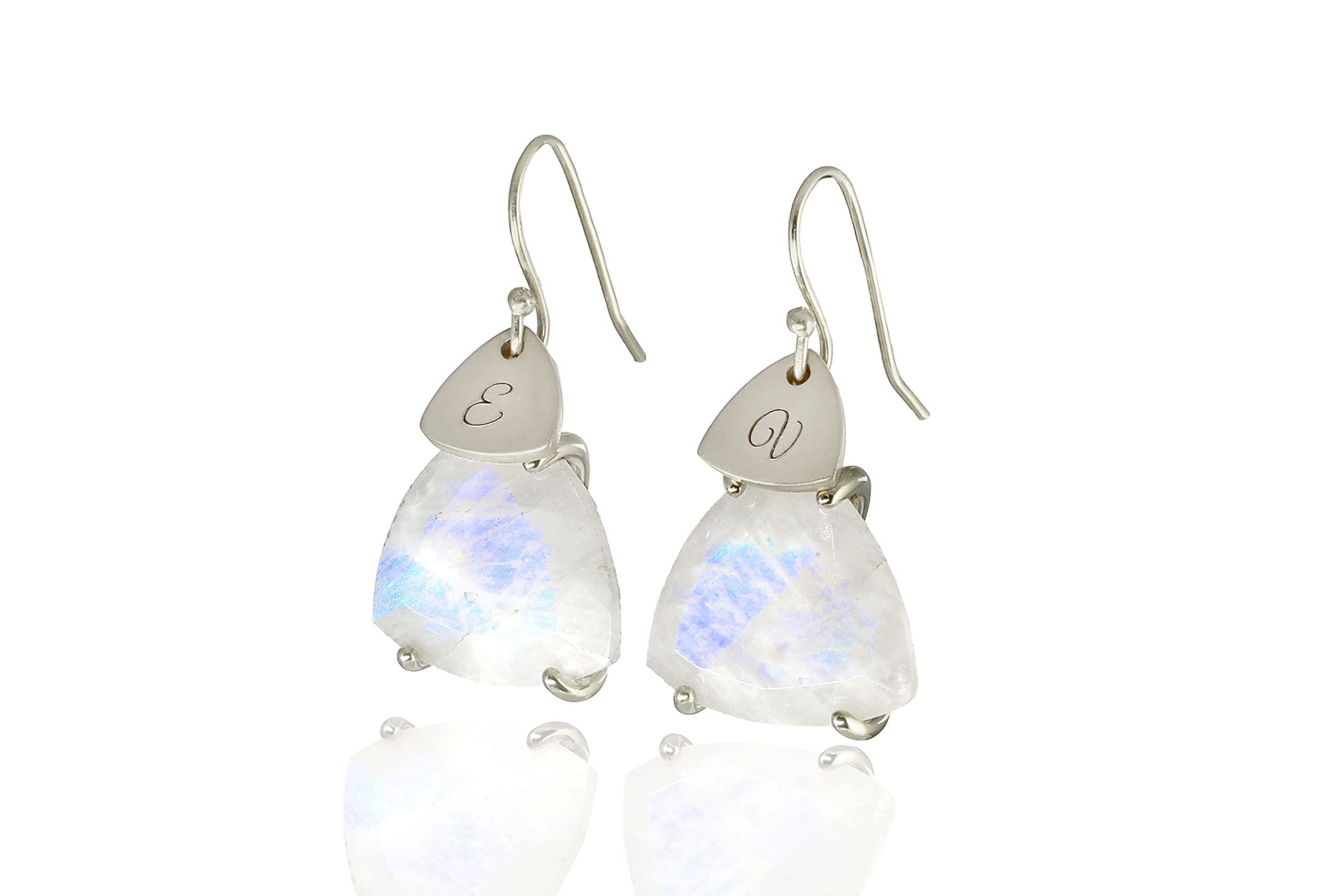 Rainbow Moonstone Coin Engraved Gold Dangle Statement Earrings - Personalized Initial Name Jewelry - June Birthstone Gemstone Gift for Women - Perfect for Weddings, Anniversaries & Special Occasions