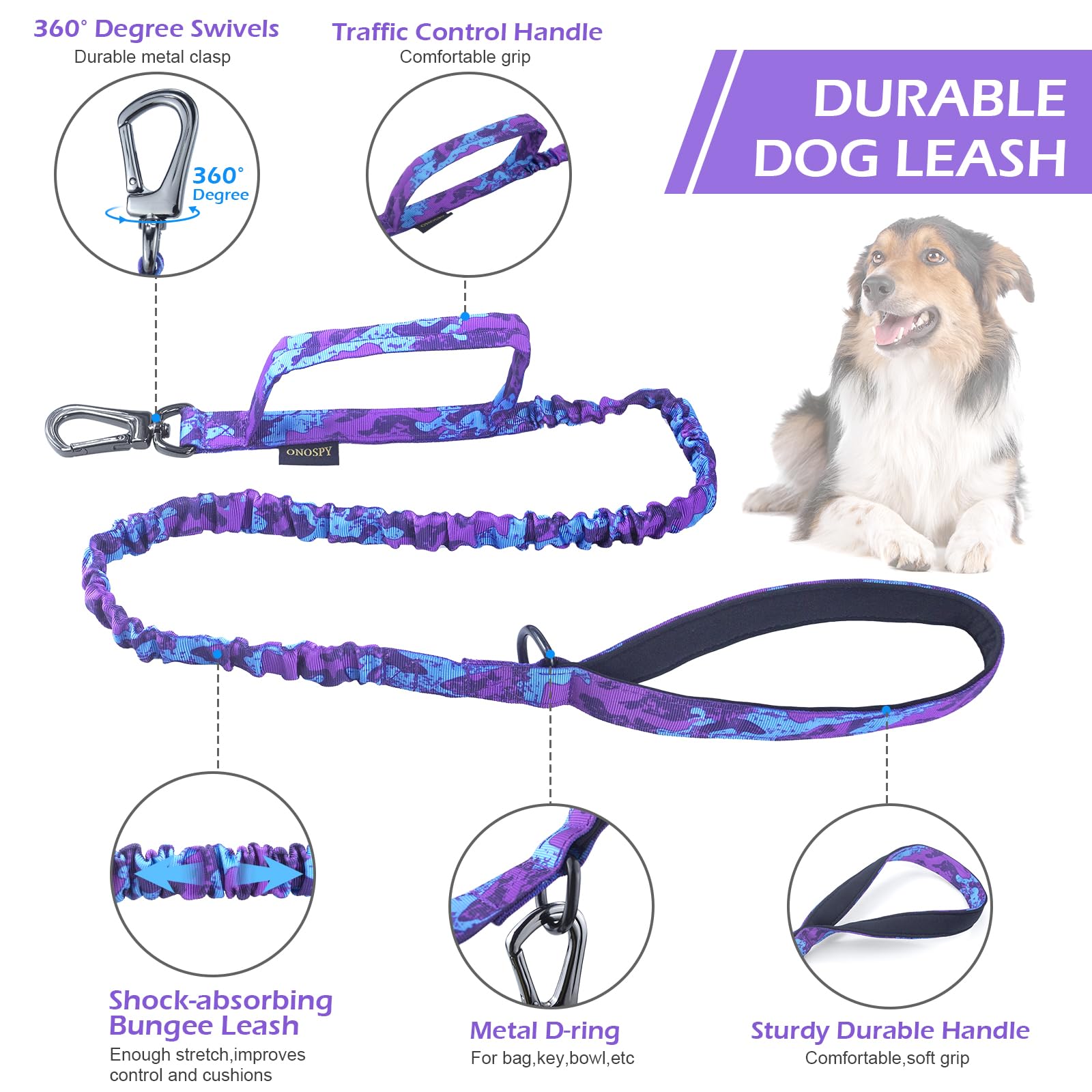Tactical Dog Collar & Bungee Leash Set - Military Camo Adjustable K9 Collar with Heavy Duty Metal Buckle for Large Dogs | Durable Training Gear for Hiking, Running & Outdoor Adventures