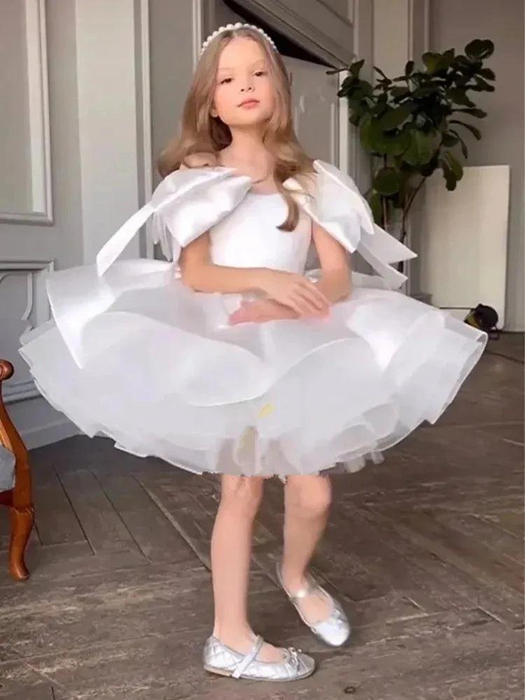Elegant Satin Bow Knee-Length Princess Gown for Girls - Perfect for Birthday Parties, Pageants, and Special Occasions