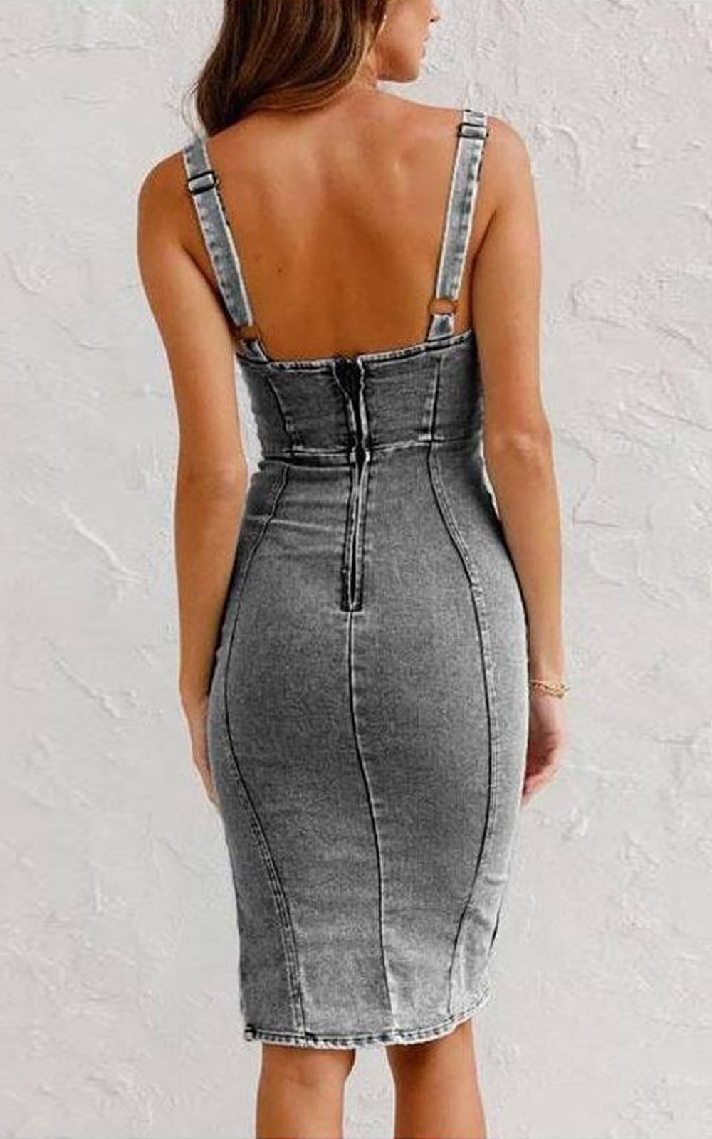 Women's Denim Midi Dress - Sleeveless Scoop Neck Zip Up Bodycon with Side Slit | Club Party, Casual Outing, Summer Streetwear Fashion