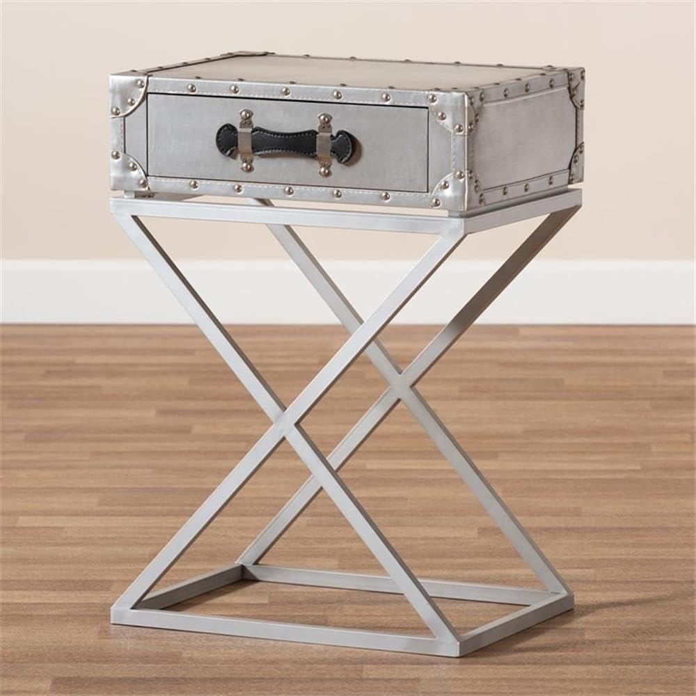 BOWERY HILL French Silver Metal 1-Drawer Nightstand - Elegant Bedside Table for Bedroom Decor | Compact Storage Solution for Small Spaces