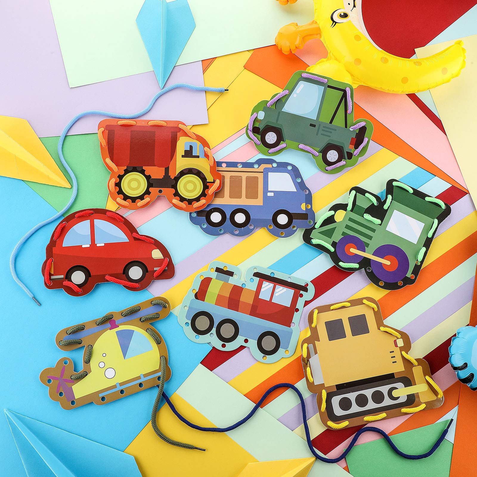 Zonon 8-Piece Kids Lacing Cards Set - Transportation Theme Educational Sewing Game for Toddlers | Develop Fine Motor Skills & Imagination | Perfect for Preschool Learning & Birthday Party Favors