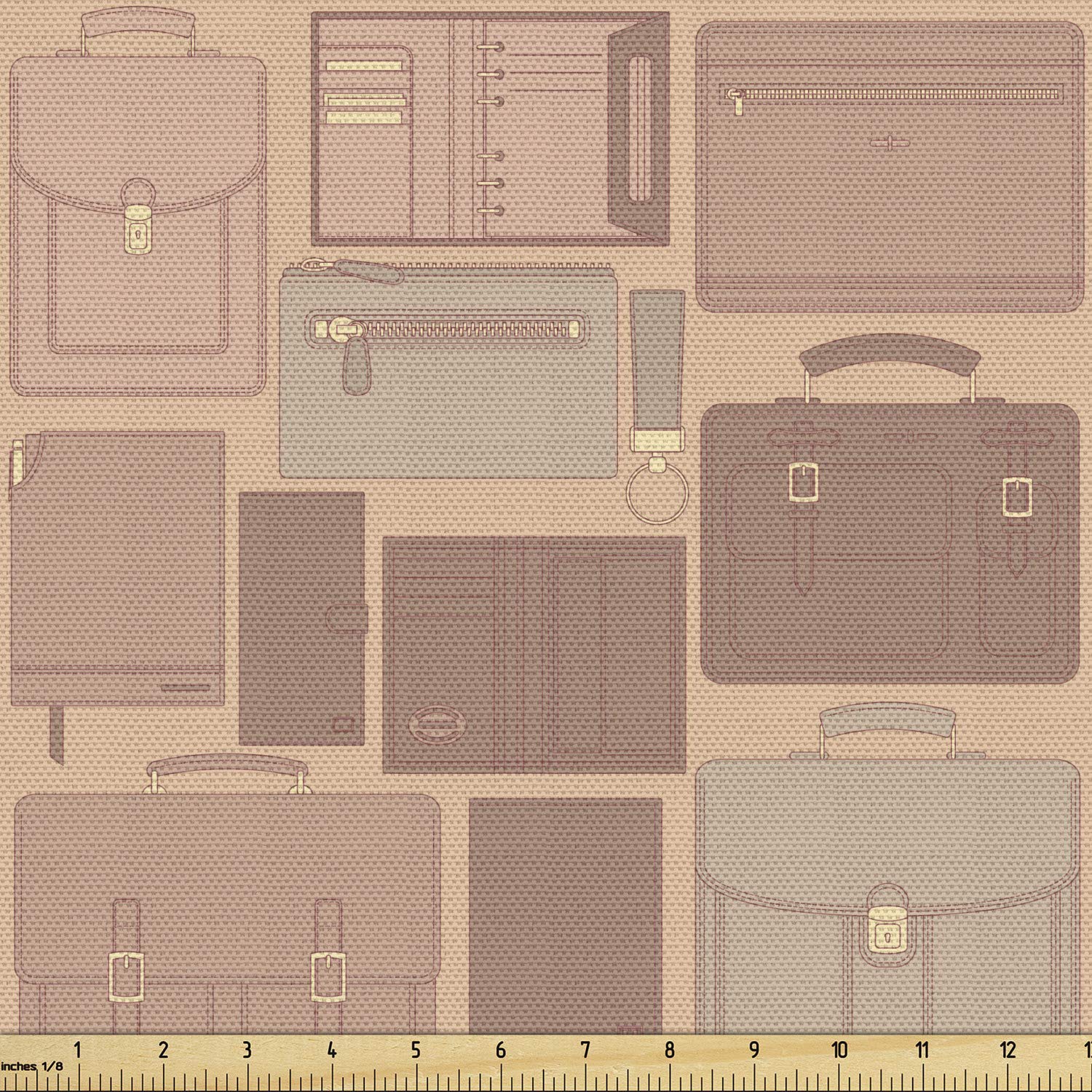 Ambesonne Retro Fabric by The Yard - Travel Work Theme with Leather Bags, Wallets & Suitcases - Decorative Upholstery Fabric for DIY Home Decor, 10 Yards in Pale Salmon Mauve Taupe - Perfect for Crafting, Sewing Projects & Home Accents