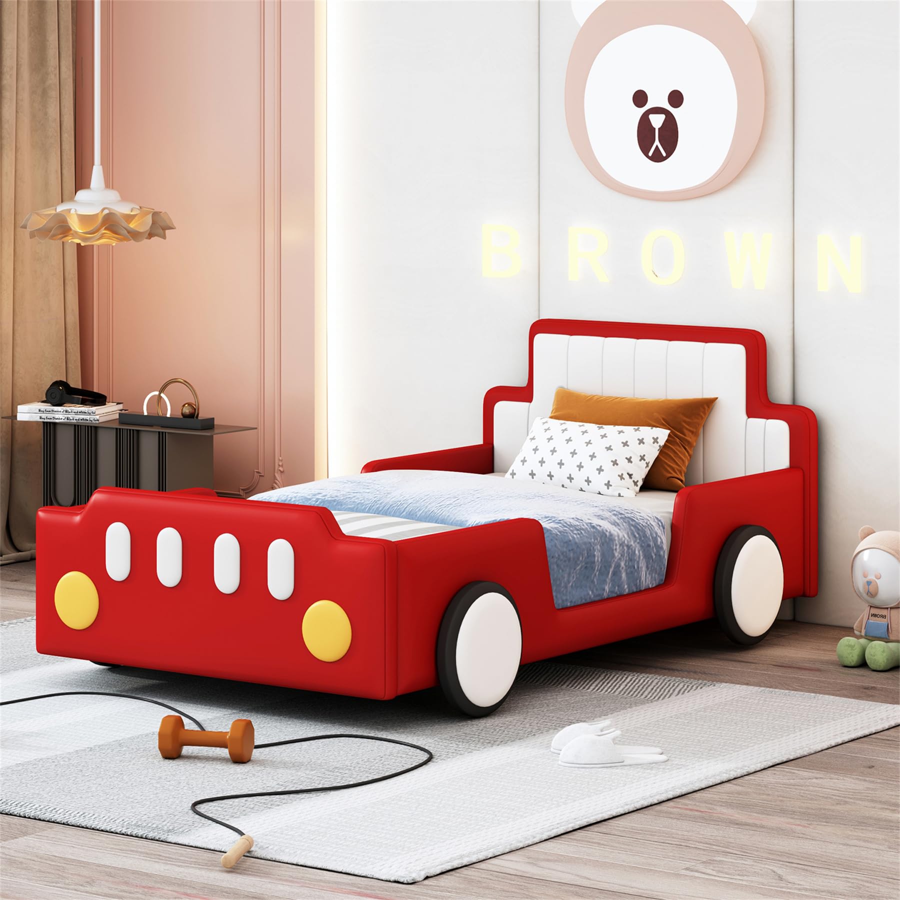 Merax Twin Size Race Car Platform Bed for Boys - No Box Spring Needed with Soft PU Leather Headboard & Footboard, Wheels Included | Perfect Kids Bedroom Decor for Racing Theme & Small Spaces