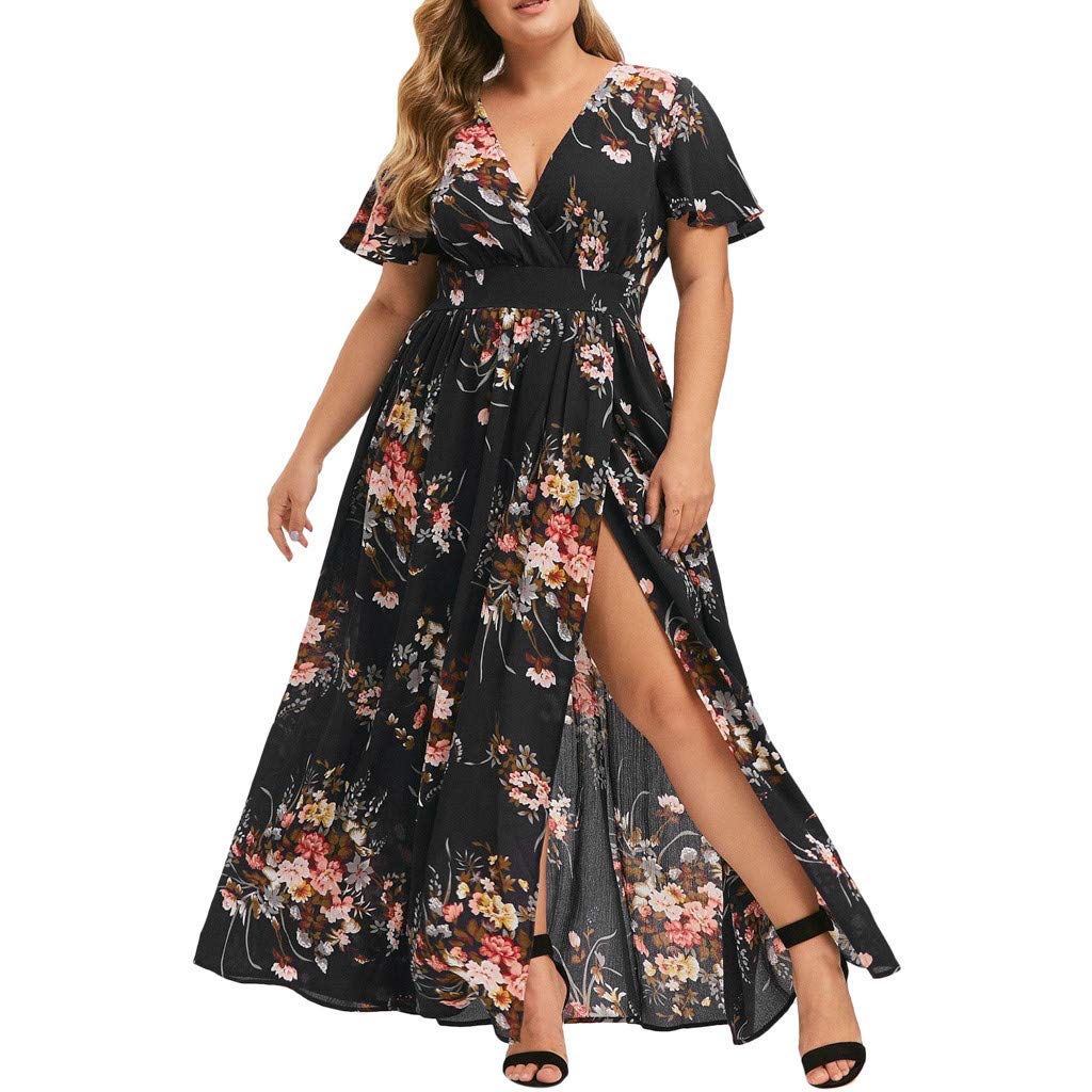Plus Size Boho Maxi Dress for Women - Elegant Oversized Floral Print Dress with Side Slit | Perfect for Beach Vacations, Summer Parties & Casual Outings
