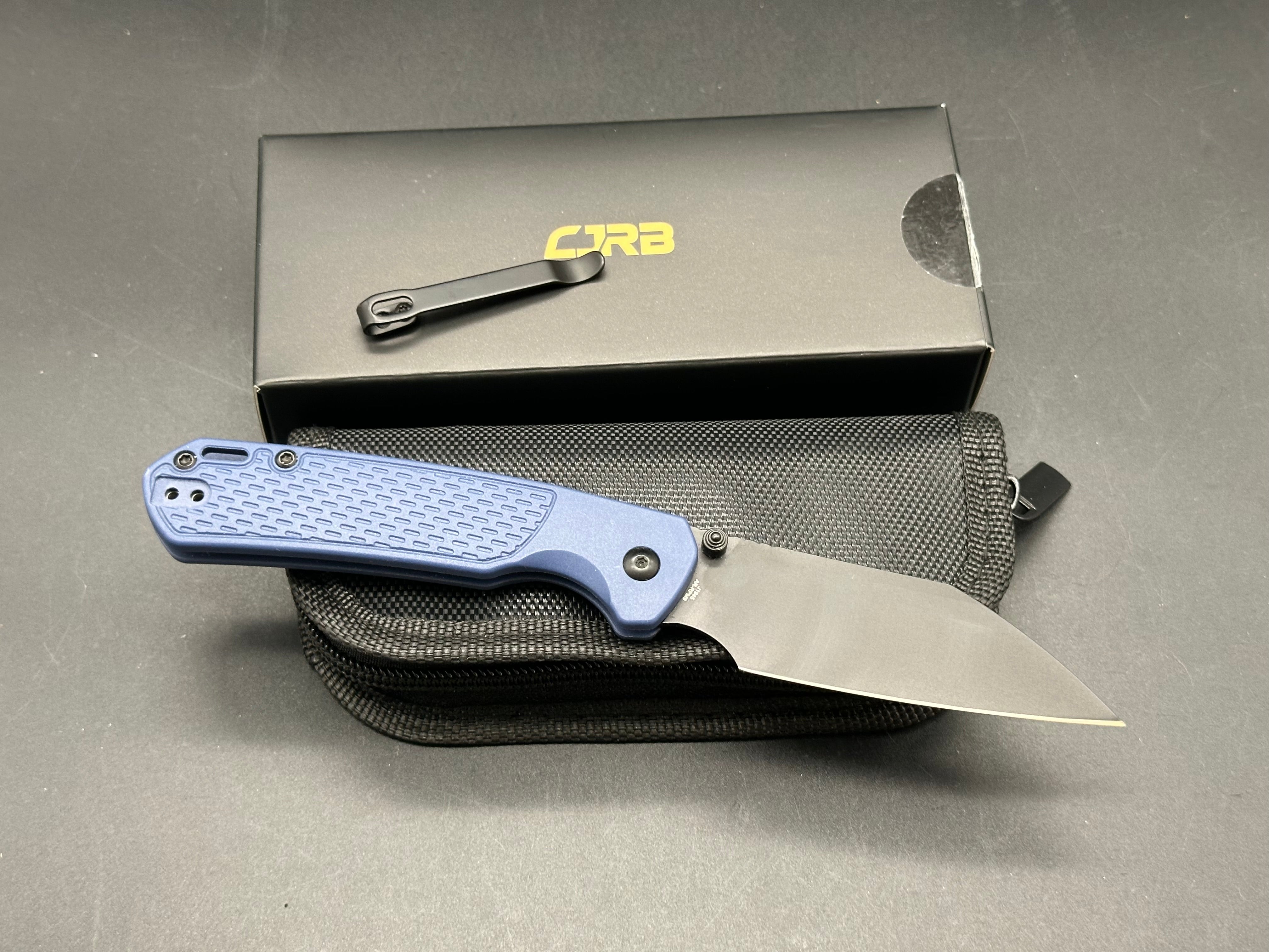 CJRB Pyrite Folding Knife - Blue FRN Scales, Blue Titanium Pocket Clip, 3.34