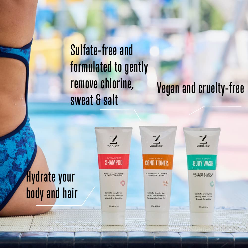 Zealios Swim & Sport Shampoo, Conditioner & Body Wash Set - 8 Oz Each - Moisturizing Formula for Chlorine & Saltwater Protection | Post-Swim Hair & Skin Care for Swimmers, Athletes & Beach Lovers