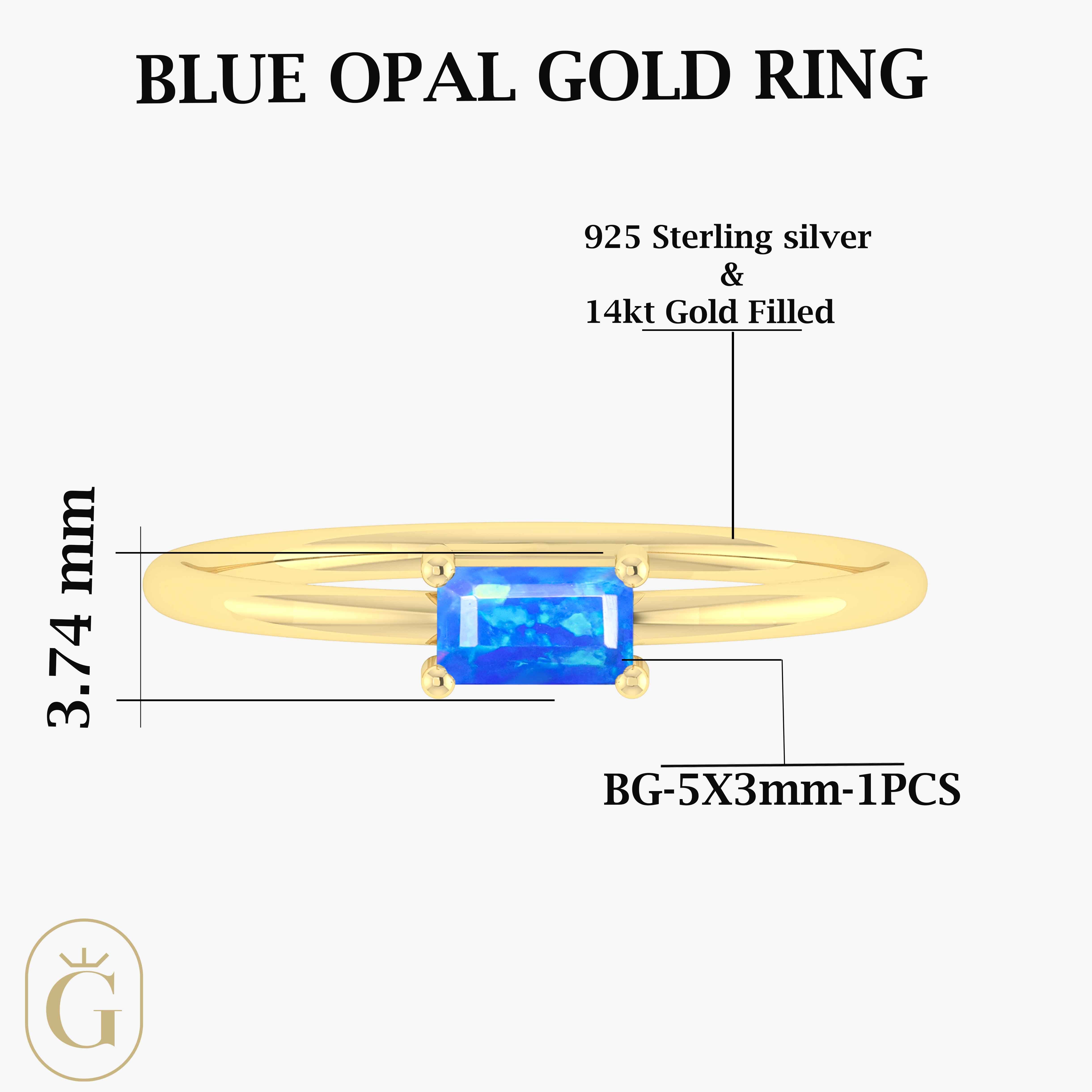 Natural Blue Opal Solitaire Ring - Single Baguette Stone Engagement Ring for Women, Wedding Band, Anniversary Gift, Handmade Jewelry for Special Occasions