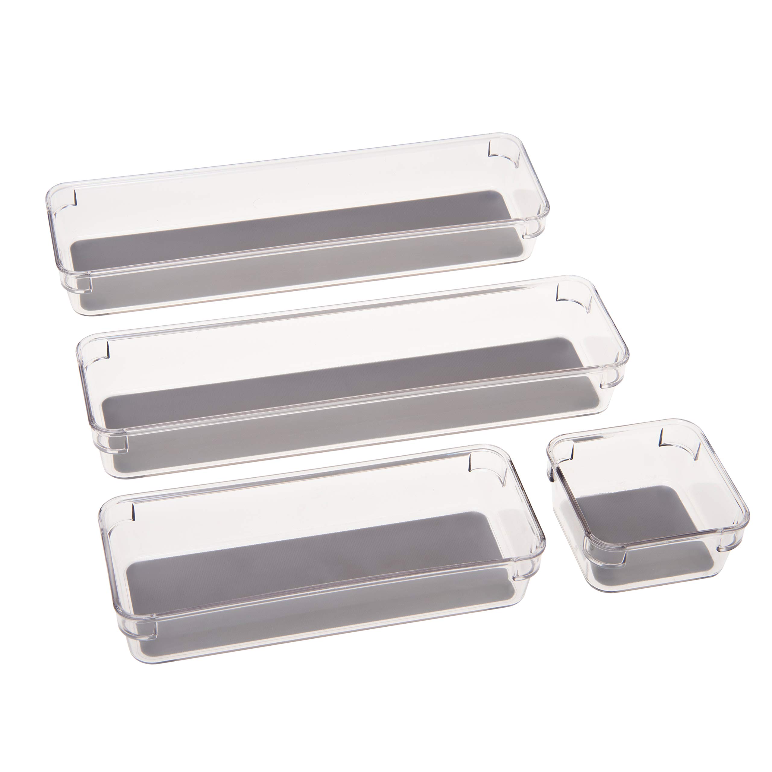 4-Piece Multipurpose Drawer Organizers Set for Bathroom, Vanity, Kitchen - Clear Plastic Storage Bins for Cosmetics, Jewelry & Utensils - Perfect for Home Organization and Space Saving