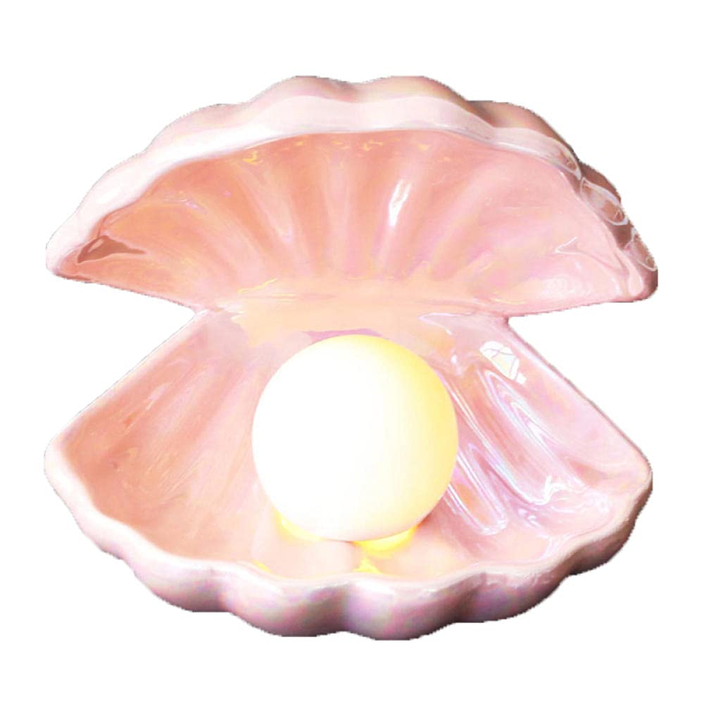European Style Fantasy Ceramic Night Light - Shell Shaped Jewelry Storage & Table Decoration for Bedroom (Pink/White-Pink) | Perfect for Bedside, Nursery & Gift Giving