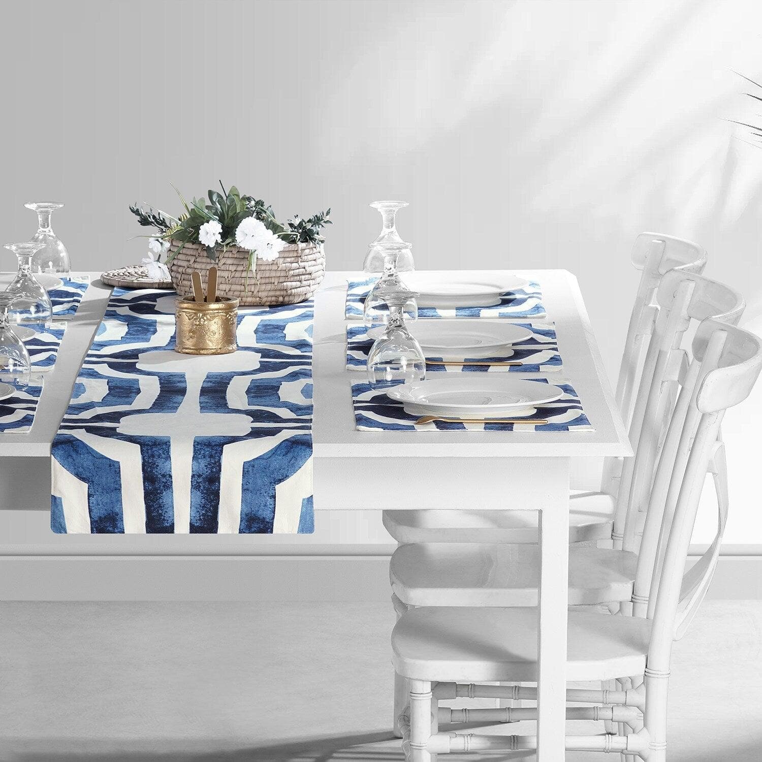Mecca Blue Geometric Printed Cotton Table Runner & Placemats Set - Elegant Dining Table Decor for Thanksgiving, Christmas & Special Occasions