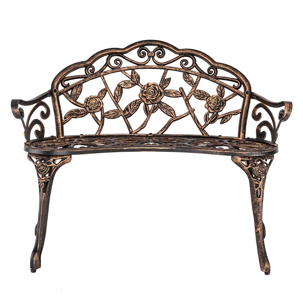 Outdoor Loveseat Bench - Rust-Resistant Aluminum Metal Garden Seating for Patio, Porch, Park, Deck & Lawn with Floral Rose Design (Bronze) - Perfect for Relaxing in Your Backyard or Outdoor Entertaining