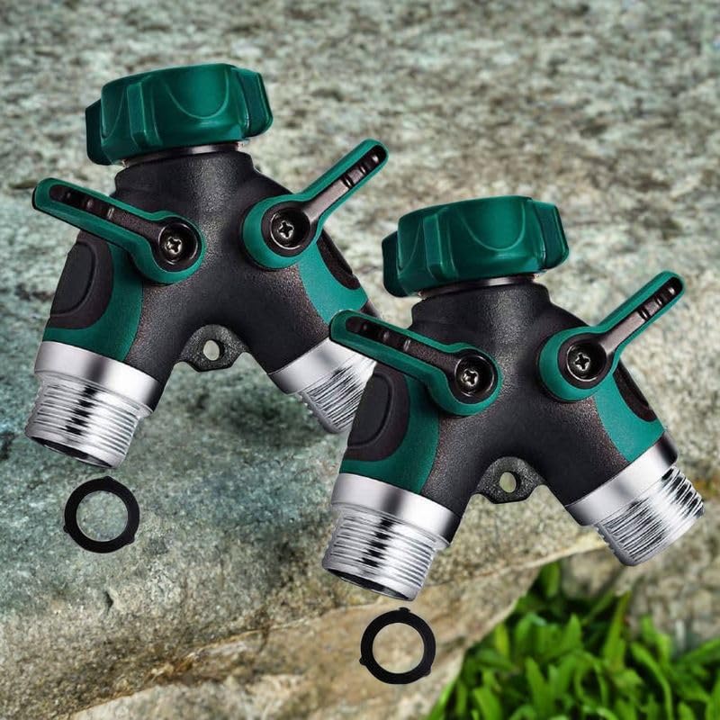 2 Way Y Hose Splitter - Heavy Duty 3/4 Inch Garden Hose Connector with Rubber Grip for Outdoor Faucet (2-Pack) - Perfect for Lawn Watering, Car Washing & Garden Irrigation