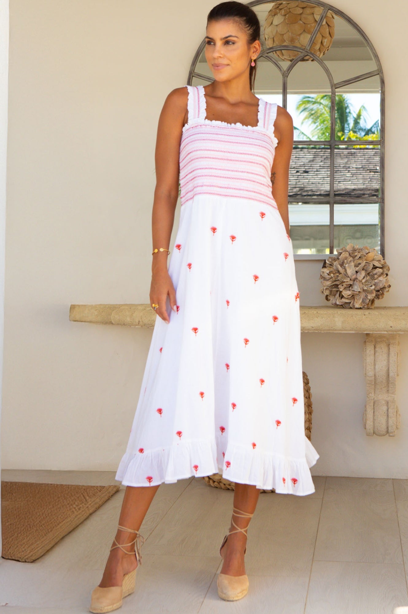 Rhianna Embroidered Floral Dress for Women - Elegant White and Pink Summer Dress | Perfect for Weddings, Parties & Date Nights