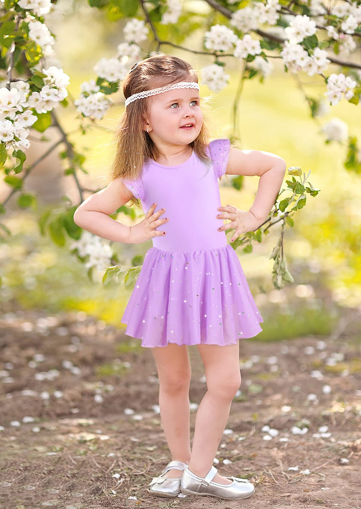 DANSHOW Girls Ballet Leotard with Glitter, Tutu Skirt & Petal Sleeves - Sparkly Dance Costume for Recitals, Performances & Ballet Practice