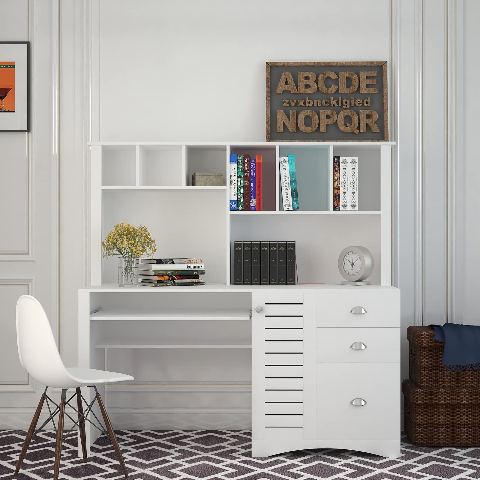 Holaki Wooden Computer Desk with Drawers & Bookshelf - Space Saving Executive Desk for Home Office, Study, or Dorm Room - Includes Keyboard Tray & Hutch in Antiqued White Finish - Perfect for Students, Teens, and Small Spaces