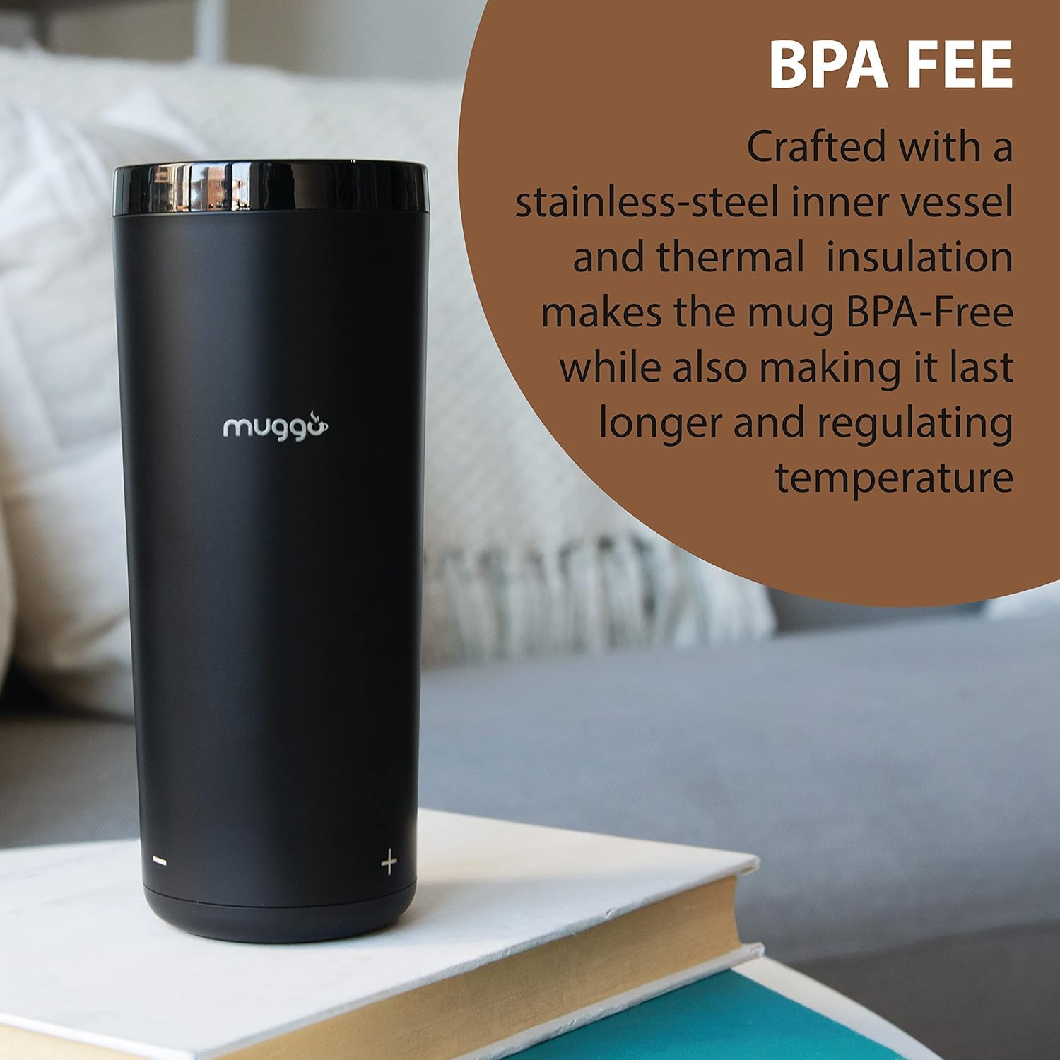 Muggo 12 oz Self-Heating Coffee Mug with 3-Hour Battery Life - USB Rechargeable Travel Mug for Coffee, Tea & Hot Beverages - Perfect for Office, Commuting & Outdoor Activities