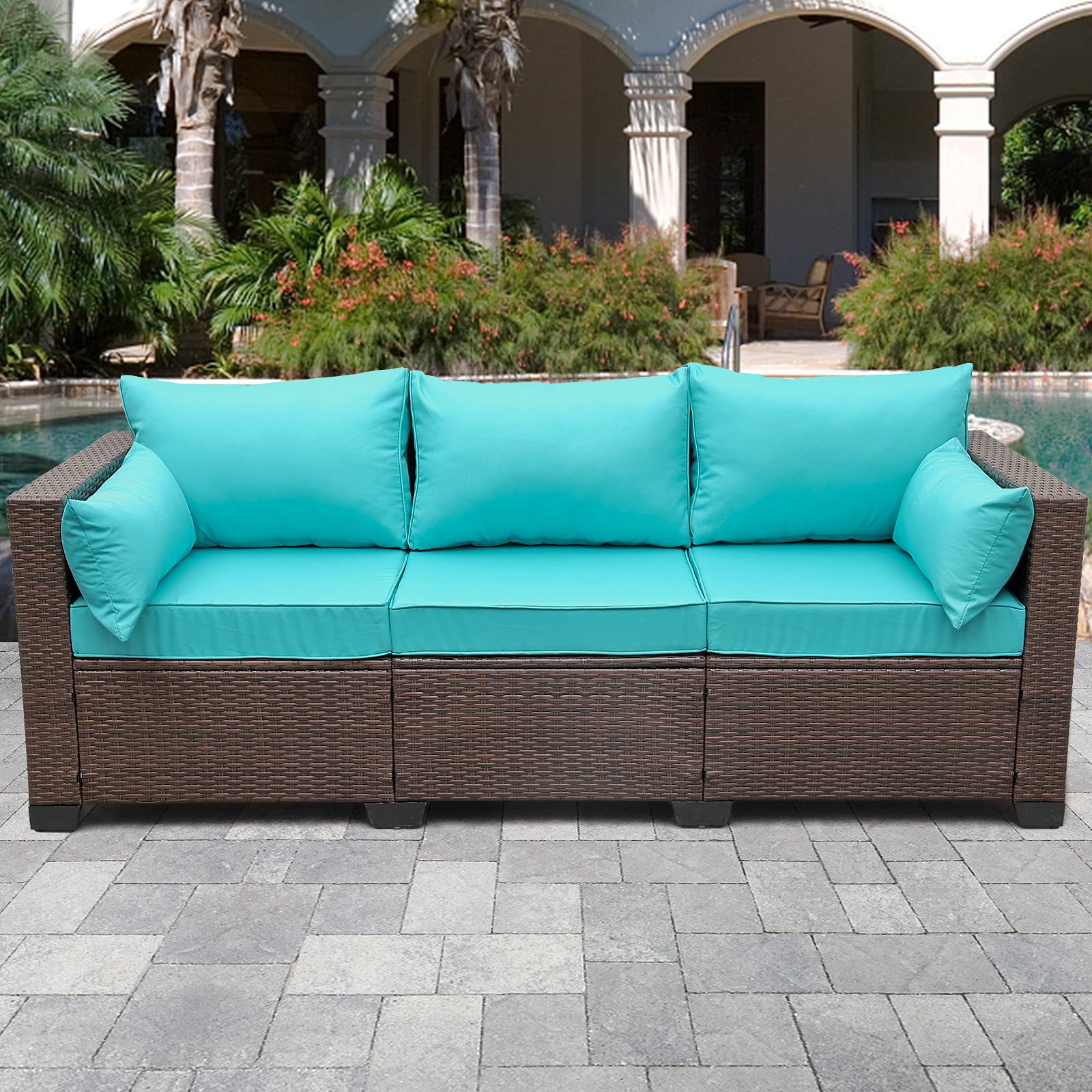 **WAROOM 3-Seater PE Wicker Patio Couch - Brown Rattan Outdoor Sofa with High Back & Non-Slip Turquoise Cushions - Perfect for Garden, Poolside, and Backyard Relaxation**