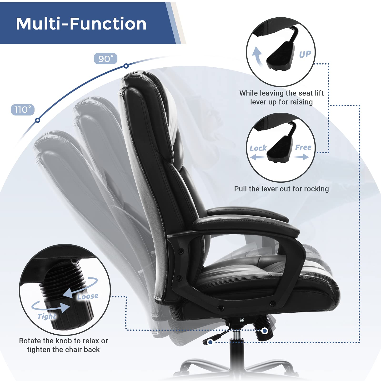 Premium High Back Executive Office Chair - Adjustable Ergonomic Managerial Swivel Task Chair with Lumbar Support, PU Leather, Rolling Casters - Perfect for Home Office, Computer Work & Conference Rooms (Black)