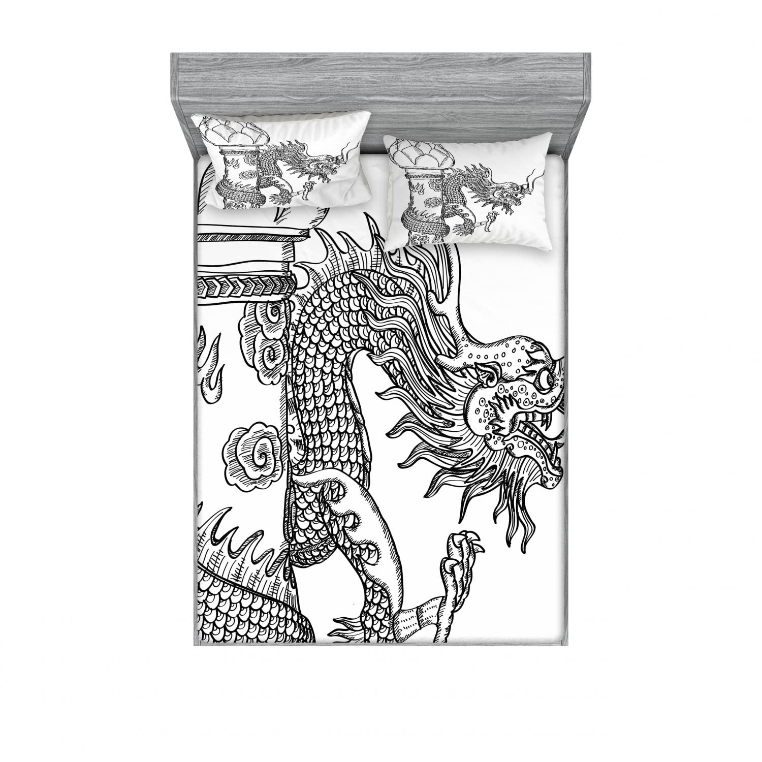 Ambesonne Dragon Queen Size 2-Pack Fitted Sheet & Pillow Sham Set - 4 Piece Chinese Mythical Creature Bedding Collection (2 Fitted Sheets + 4 Pillow Covers) in Black & White - Perfect for Asian-Themed Bedroom Decor, Fantasy Lovers & Unique Home Styling