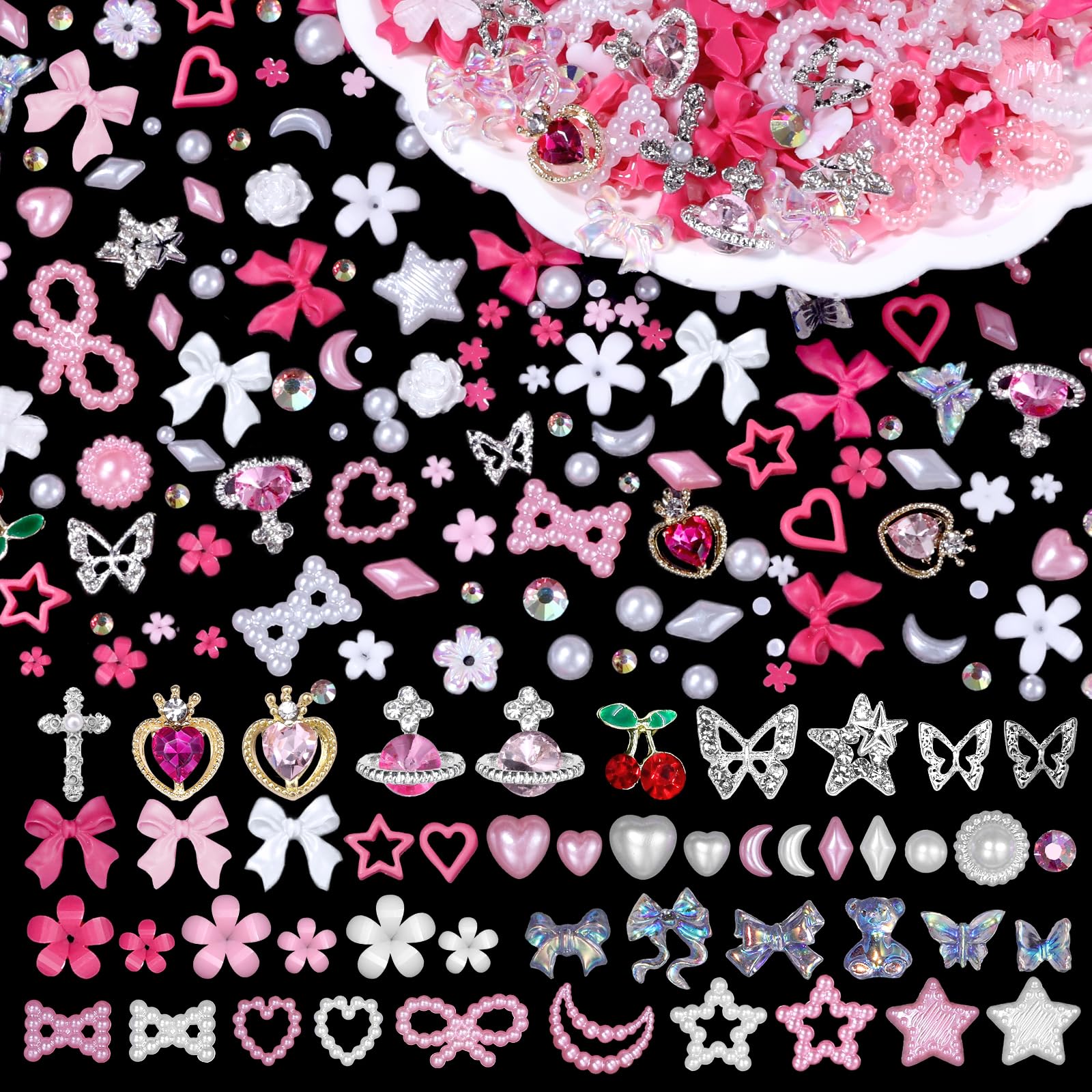 Tatiwoo 1200 Pcs 3D Nail Charms Kit - White & Pink Nail Art Decorations with Bows, Flowers, Bears, Butterflies & AB Rhinestones for DIY Manicure & Nail Jewelry | Perfect for Home Salon, Party Nails, Gift Giving
