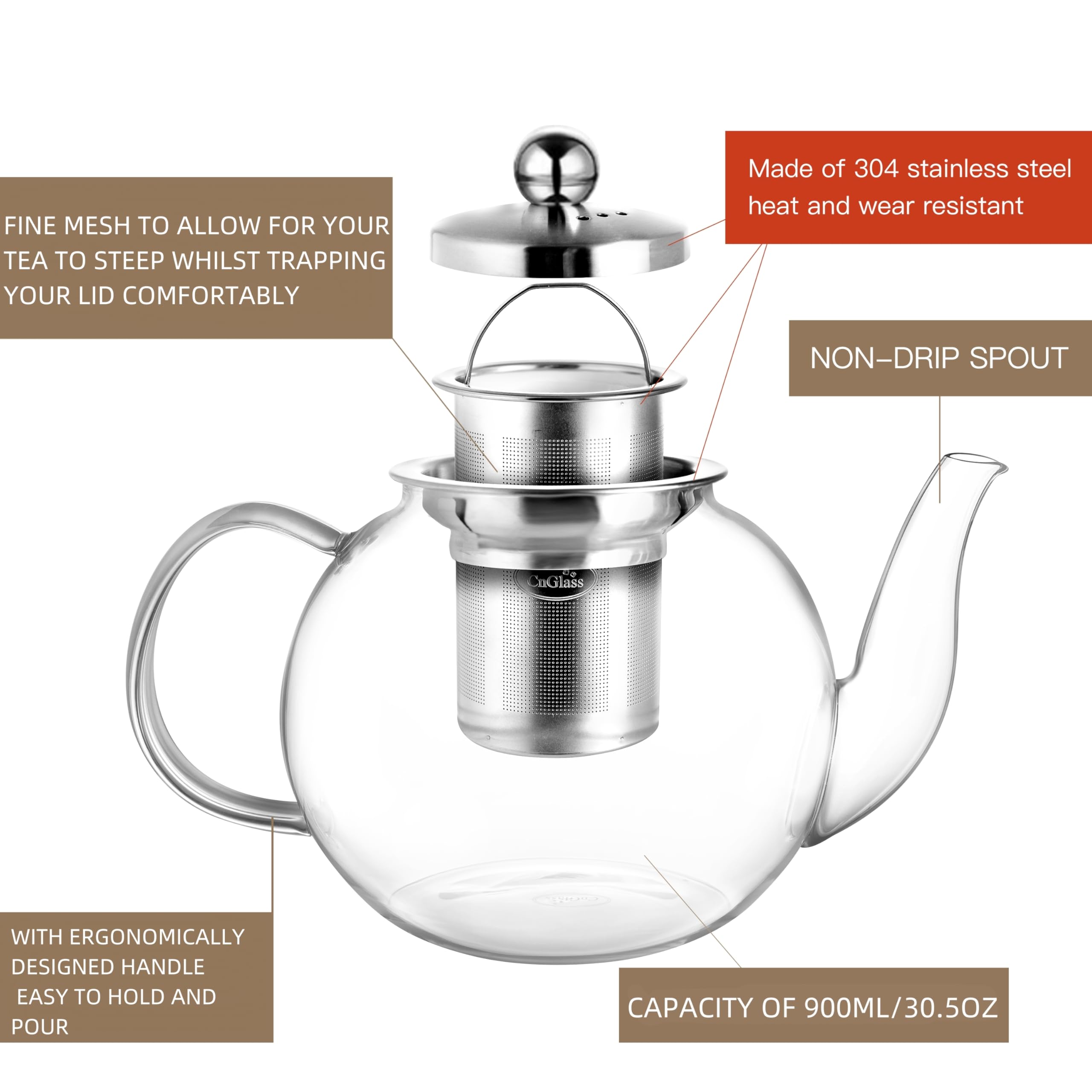 CNGLASS 900ml Glass Teapot with Removable Infuser - Clear Stovetop Safe Tea Kettle for Blooming & Loose Leaf Tea - Perfect for Home, Office & Gift Giving