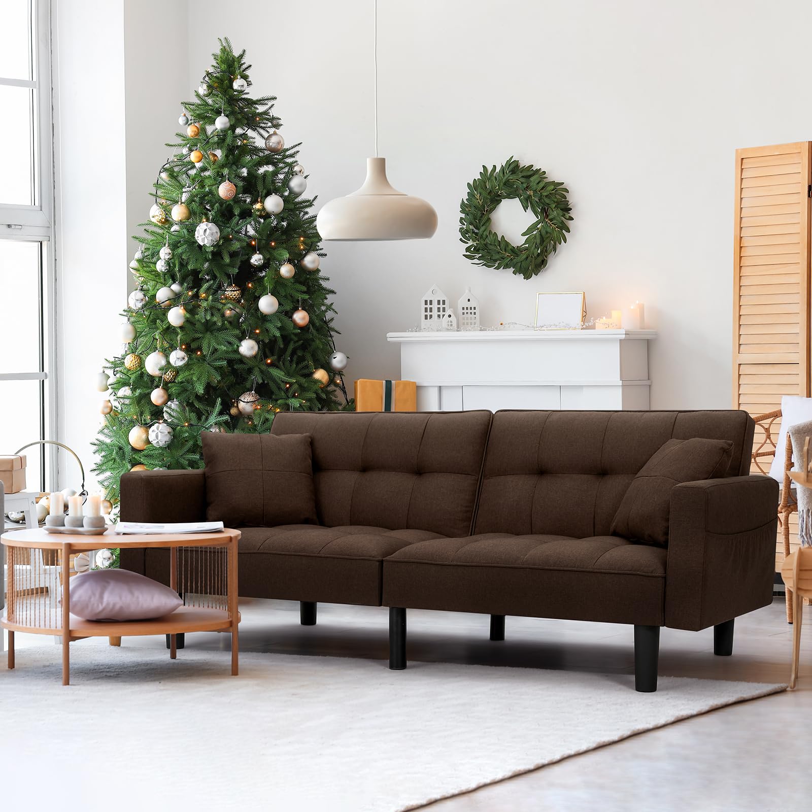 AVAWING Convertible Futon Sofa Bed - Modern Linen Fabric Upholstered Couch with Adjustable Backrest, Armrests & Durable Nylon Legs - Space-Saving Sleeper Sofa for Small Apartments, Living Rooms & Home Offices (Brown) - Perfect for Guest Sleeping, Lounging & Compact Spaces