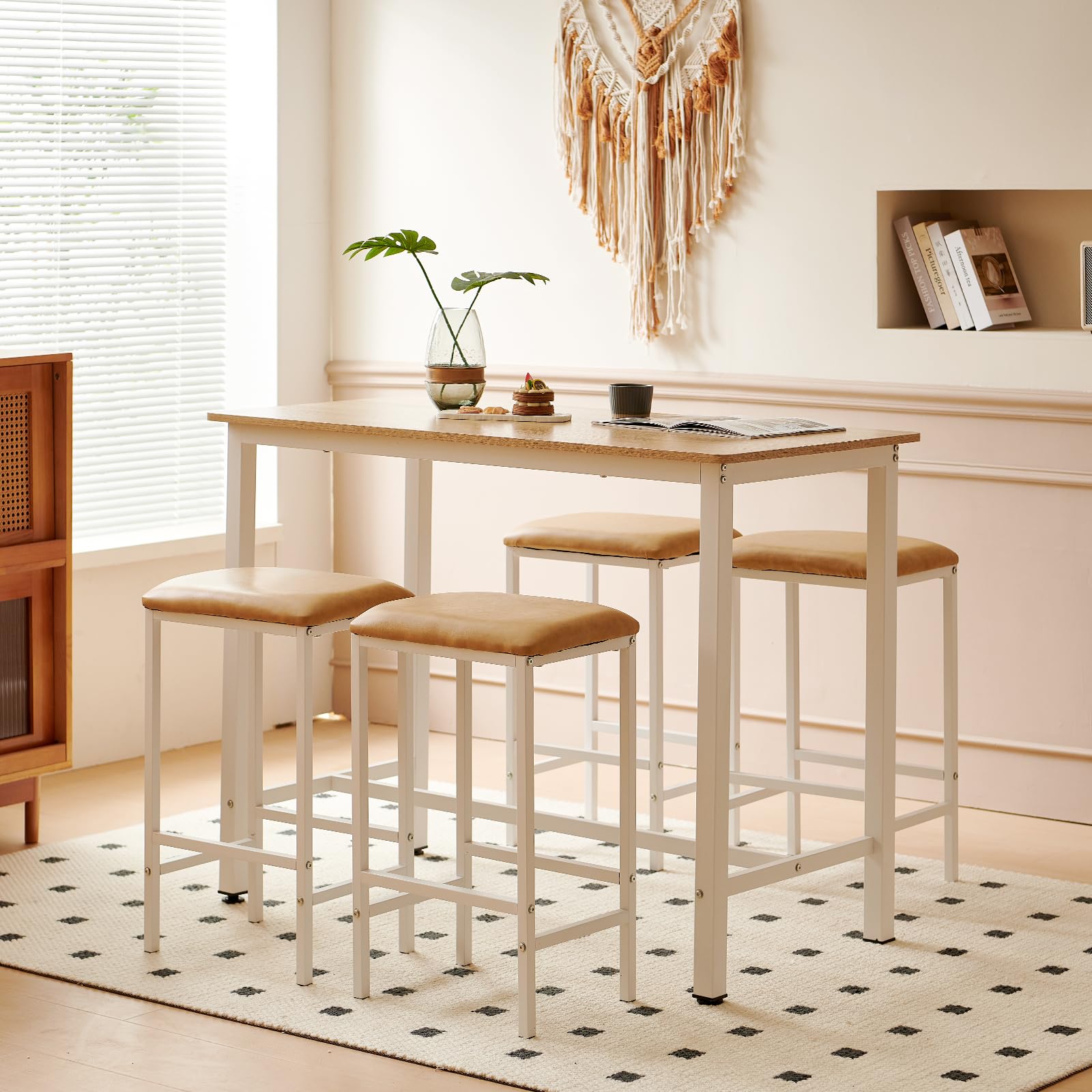 Buybyroom Oak Bar Table Set with 4 Upholstered Stools - Kitchen & Dining Counter Height Table for Small Spaces - Perfect for Breakfast Nook, Apartment Living Room & Compact Dining Areas